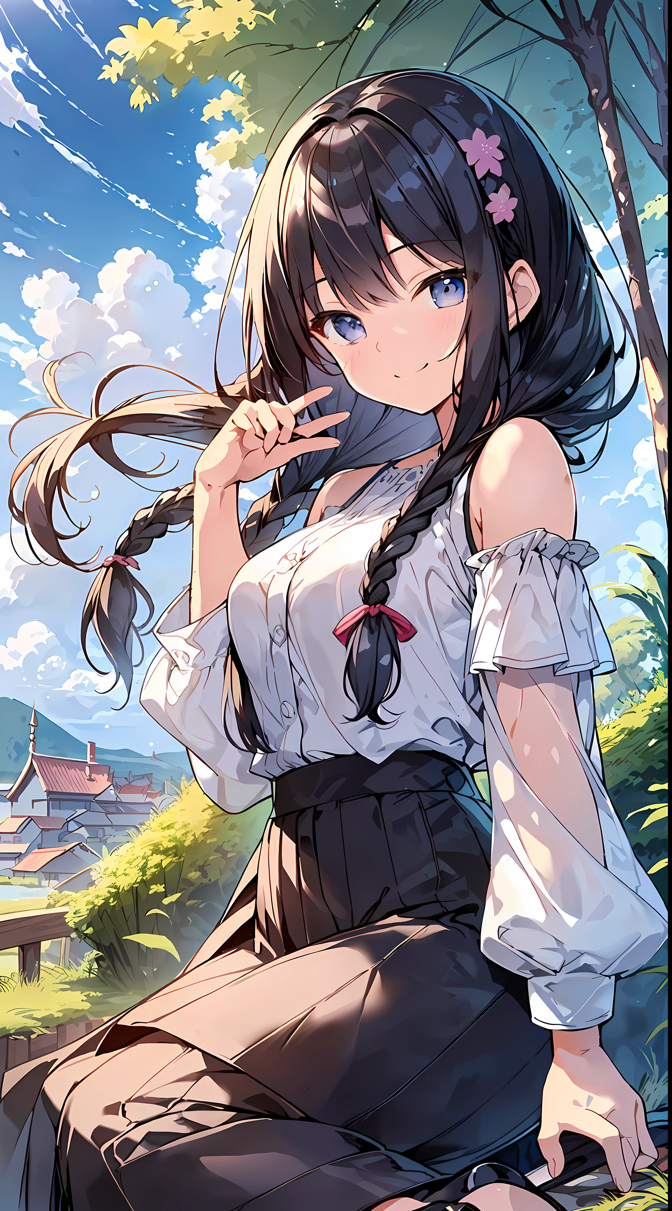 Top Quality, Masterpiece, Ultra High Definition, 8K, Summer Sky, Early Summer, (((Wide Pants, Blouses, Pumps)), Shojo Manga Style Loli, One, Soft Line Art, Digital Enhancement, Shojo Manga Touch, Shojo Manga Core, Flowing Fabric, Close Up, (Hair length to the shoulders and short braids)), wet hair, staring at us from the front, soft drawing, beautiful black hair, clear eyes, (((teasing smile)), ultra-detailed digital anime art, clear face depiction, ultra-detailed shojo manga character art, ultra-detailed manga style, top quality colors, hand gestures, landscape with nature, looking up at the sky, angle to see up to your feet