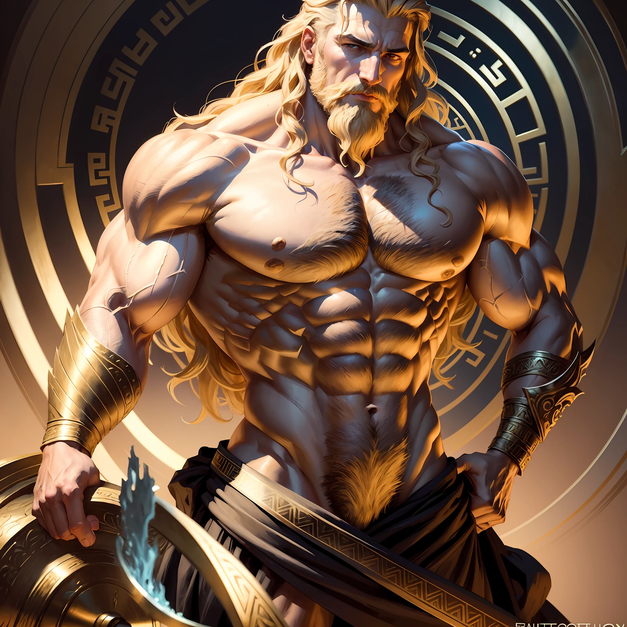 painted portrait of stout zeus, god of thunder, greek god, blond hair, male, mature, handsome, upper body, muscular, hairy torso, fantasy, intricate, elegant, highly detailed, digital painting, art station, concept art, soft, sharp focus, illustration, art by Gaston Bussiere and Alphonse Mucha
