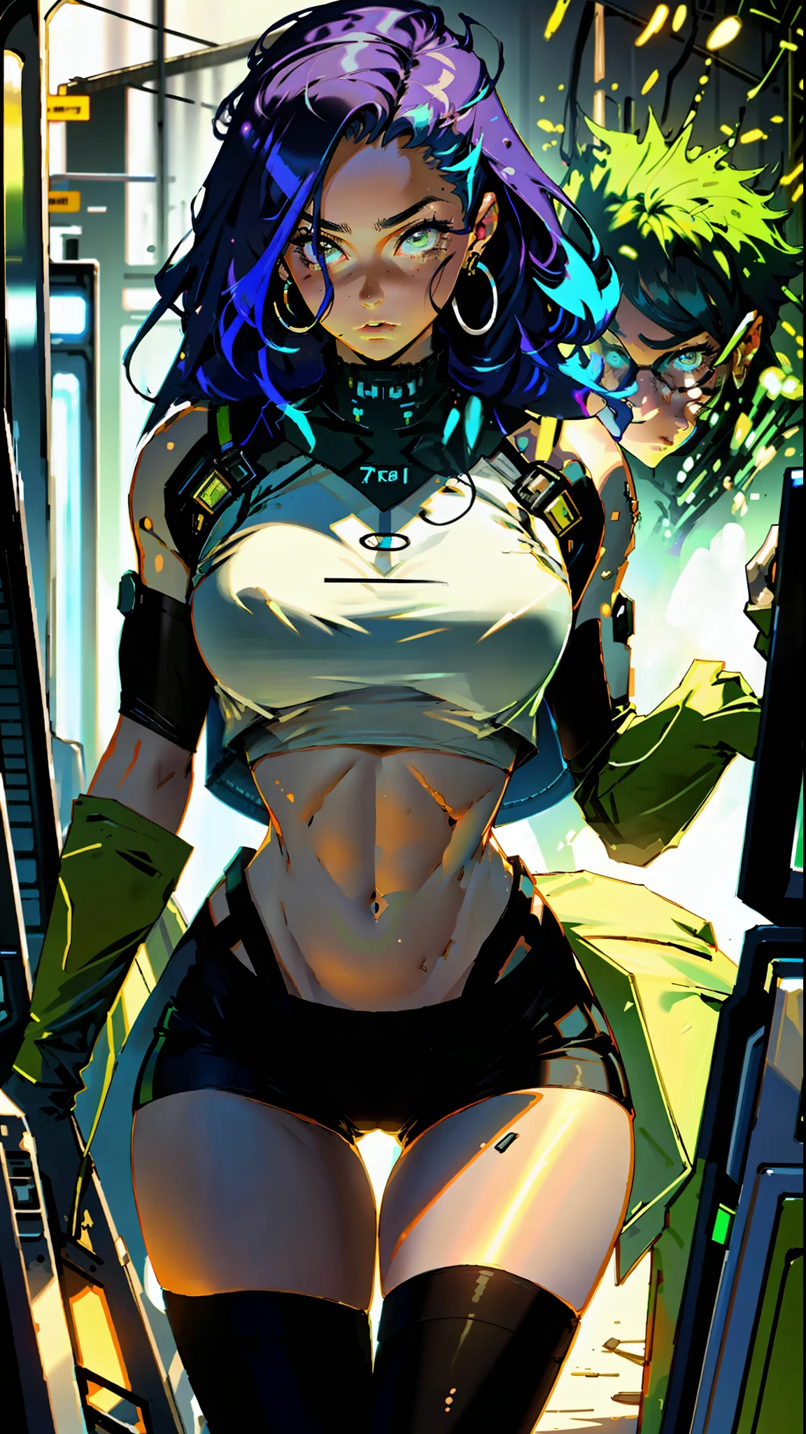 Woman body defined thick thighs cybernetic body parts, short underwear, curvy, milf, cameltoe, nipplestits, sexy, beautiful eyes, spiked hair, rainbow colour hair