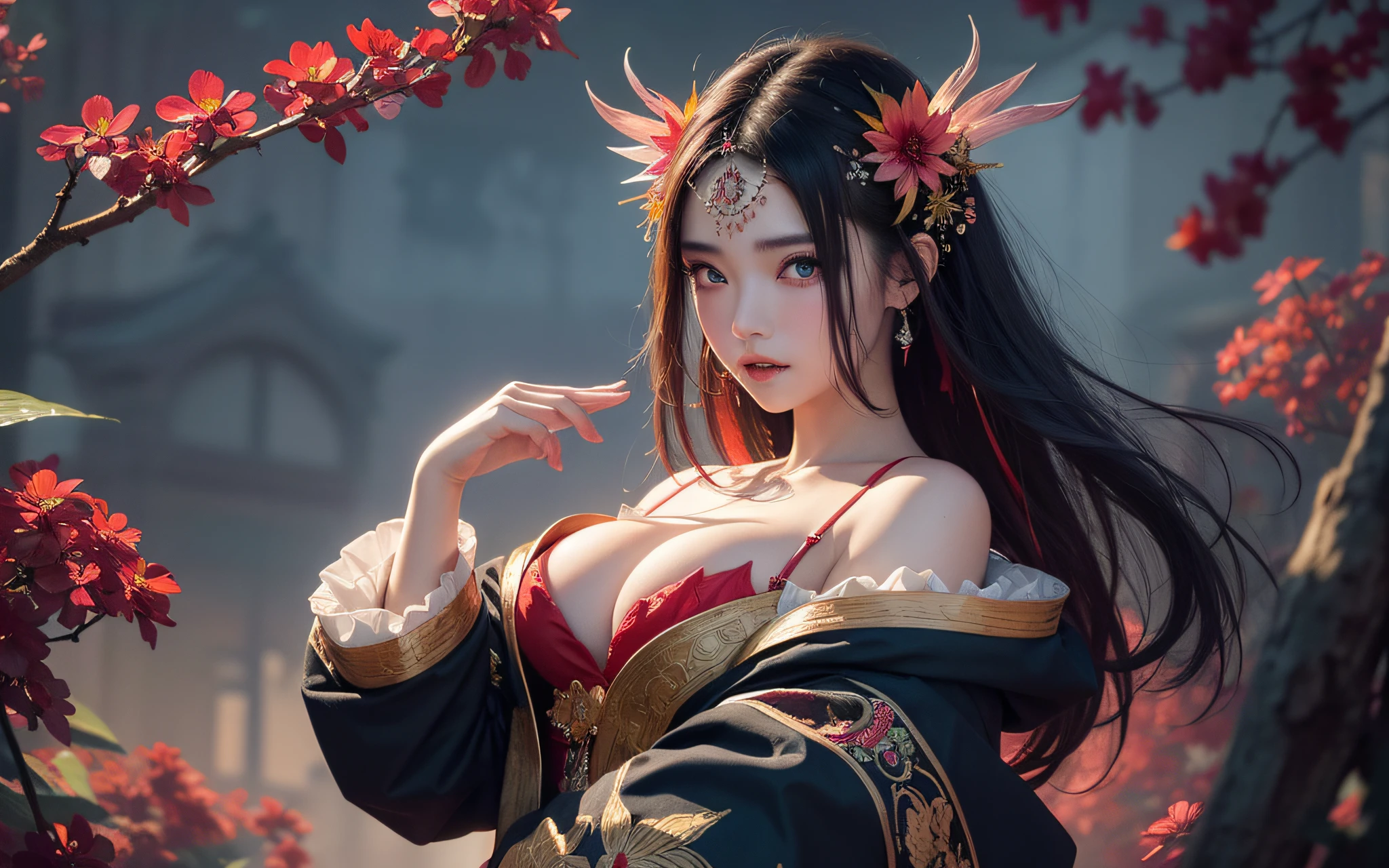 (8k, RAW photo:1.2),best quality, ultra high res,dramatic angle,(fluttered detailed color splashs), (illustration),(((1 girl))),(long hair),(rain:0.9),(hair ornament:1.4),there is an ancient palace beside the girl,chinese clothes,(focus on), color Ink wash painting,(color splashing),colorful splashing,(((colorful))),(sketch:0.8), Masterpiece,best quality, beautifully painted,highly detailed,(denoising:0.6),[splash ink],((ink refraction)), (beautiful detailed sky),moon,highly,detaild,(masterpiece, best quality, extremely detailed CG unity 8k wallpaper,masterpiece, best quality, ultra-detailed),(Lycoris radiata), (gigantic breasts:1.1)