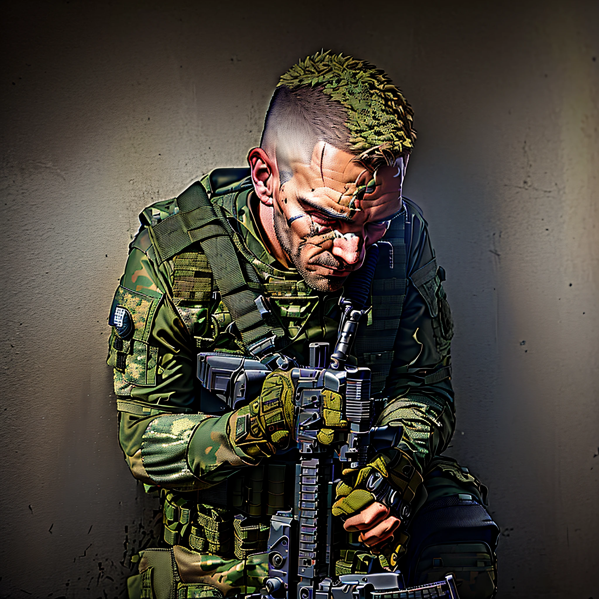 Man in military equipment holding a rifle and looking down, military photography, airsoft cqb, profile shooting, using tactical equipment, rugged soldier, Instagram post, airsoft close quarter combat, man is carrying a rifle, armed with cutting-edge weapons, combat photography, Carl Gustav, mercenary, a soldier pointing a gun