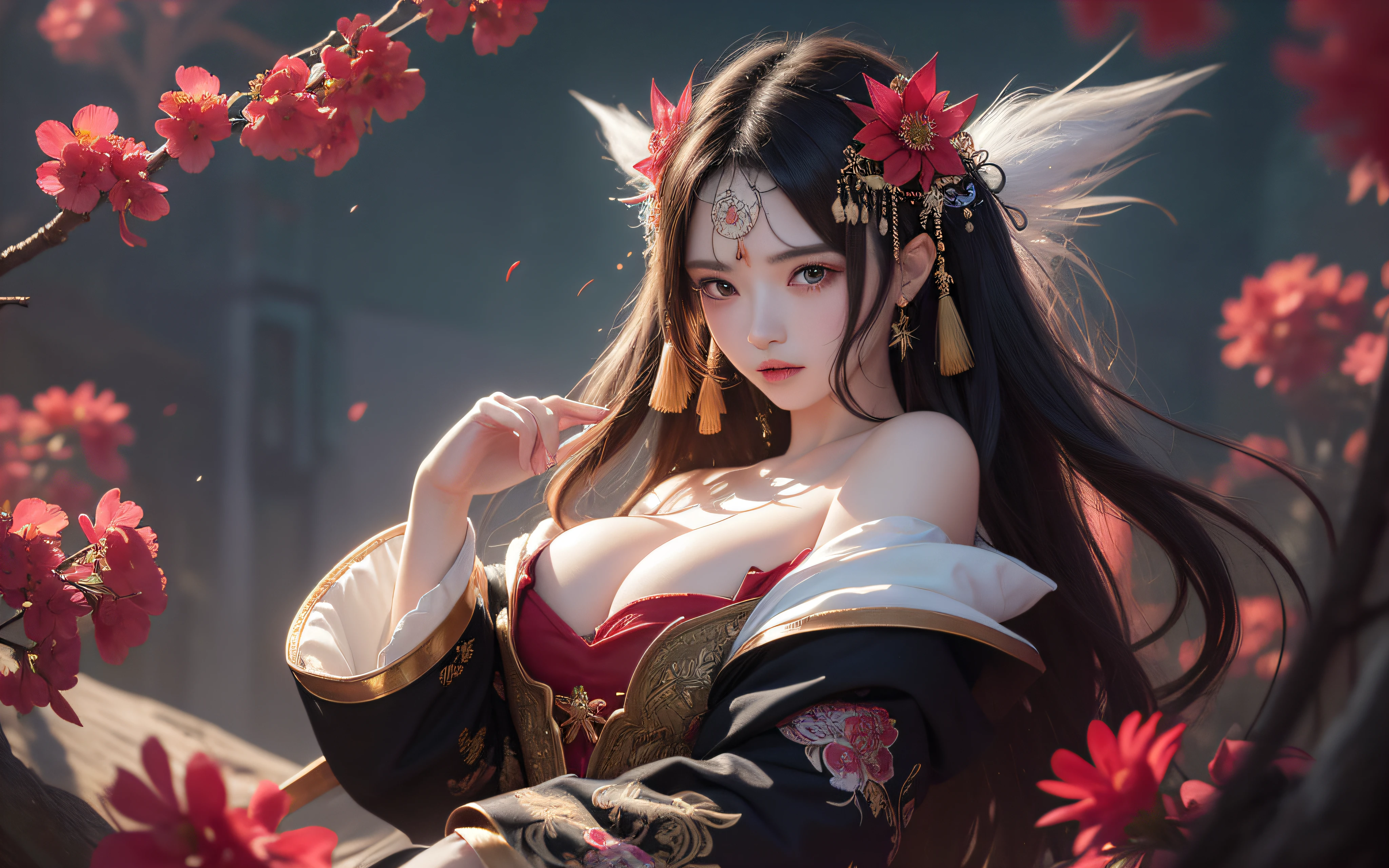 (8k, RAW photo:1.2),best quality, ultra high res,dramatic angle,(fluttered detailed color splashs), (illustration),(((1 girl))),(long hair),(rain:0.9),(hair ornament:1.4),there is an ancient palace beside the girl,chinese clothes,(focus on), color Ink wash painting,(color splashing),colorful splashing,(((colorful))),(sketch:0.8), Masterpiece,best quality, beautifully painted,highly detailed,(denoising:0.6),[splash ink],((ink refraction)), (beautiful detailed sky),moon,highly,detaild,(masterpiece, best quality, extremely detailed CG unity 8k wallpaper,masterpiece, best quality, ultra-detailed),(Lycoris radiata), (gigantic breasts:1.1)