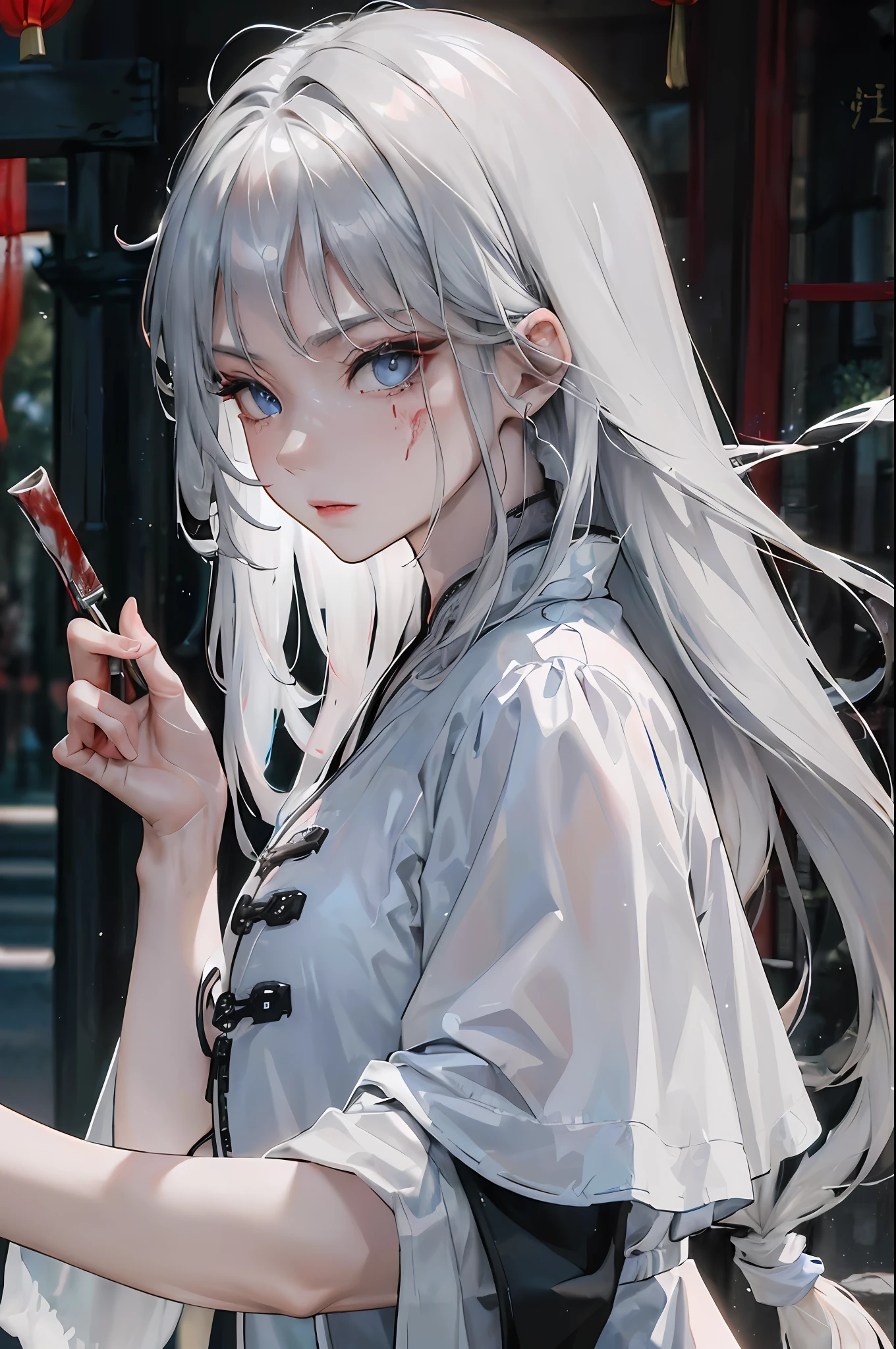 (Masterpiece, Excellent), Night, Rainy Day, (Chinese Style, Ancient China), Mature Woman, Silver-White Long-Haired Woman, Gray-Blue Eyes, Effeminate, Assassin, Short Knife, White Clothes, Black Clothing Lines, Blood Stains, Blood, Wounds, Delicate Facial Features, Exquisite Facial Features, Cold, Serious, Bangs.