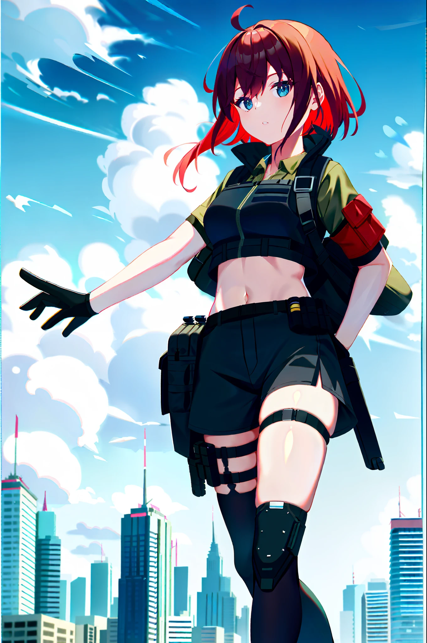 photo of a iom girl, 1girl, bangs, red hair, blue eyes, bulletproof vest, gloves, headphones, holster, looking at viewer, medium hair, military, plate carrier, tactical clothes, (black and khaki clothes),  thigh holster, thigh strap, forest, running, black backpack, outdoors,