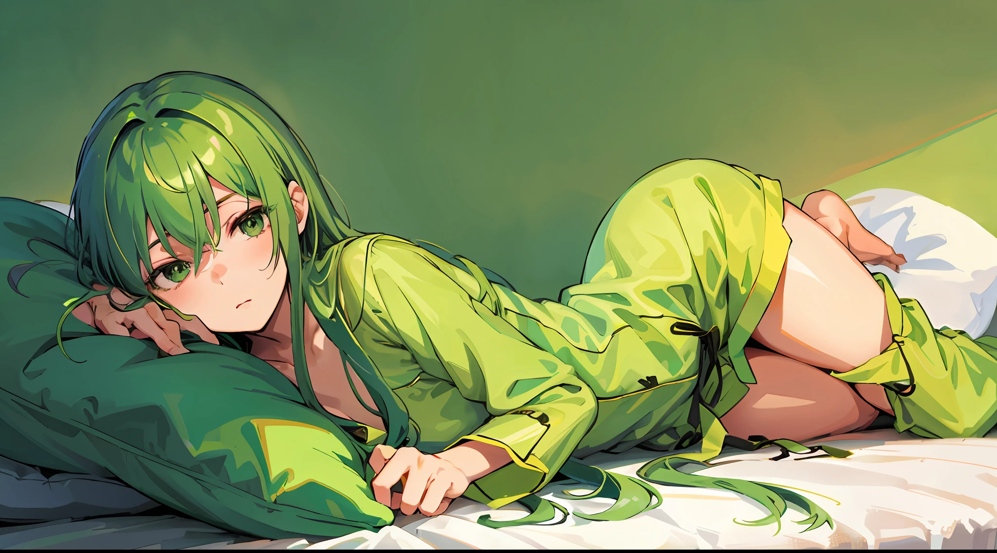 4k, realistic, carismatic, very detail, there is a girl on bed, wearing pajama, she is sleepy, green theme, green hair, 25 years old, full body