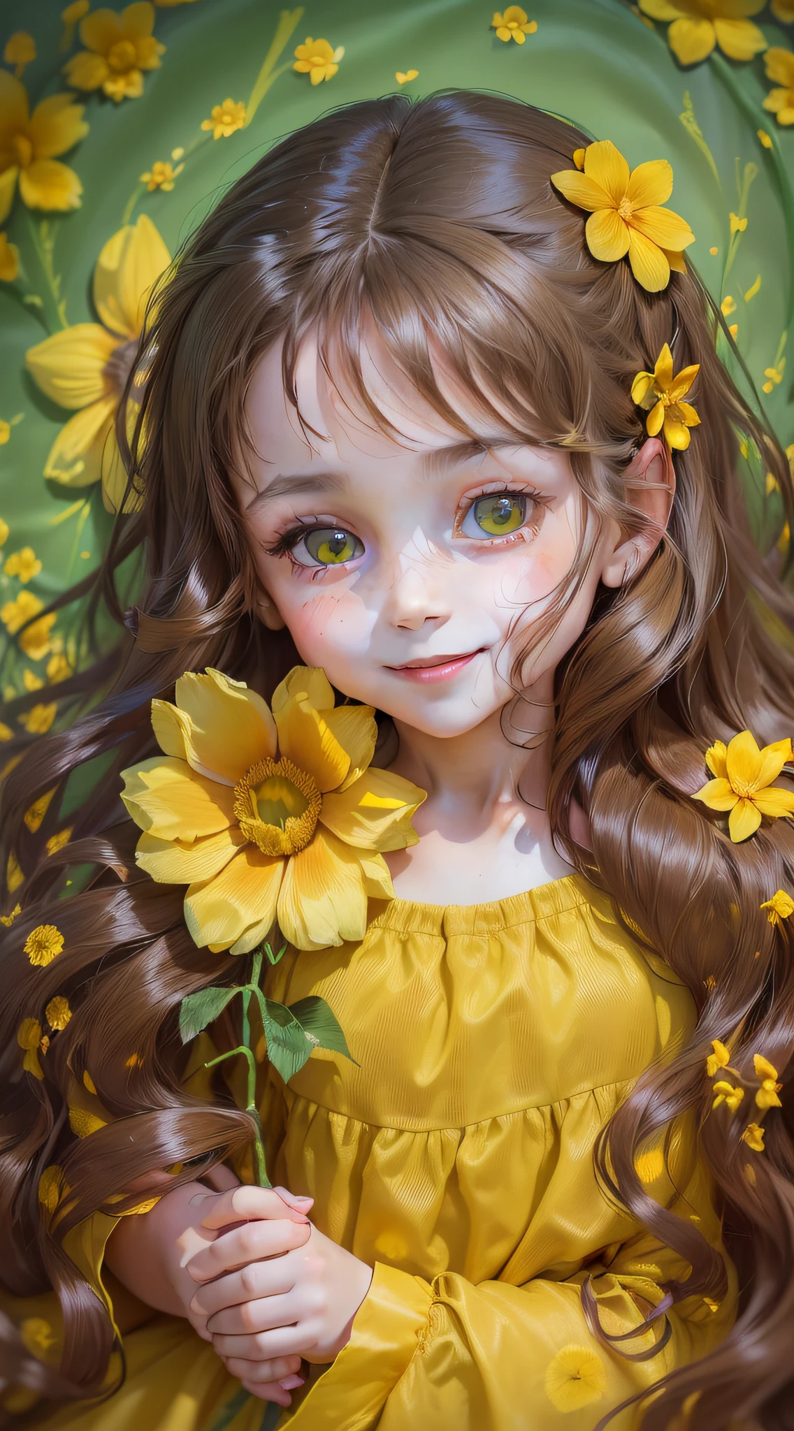 (((portrait of a six-year-old child)))), ((((a girl))), (((flowing straight brown long hair with a yellow flower on the left side)))), (((green eyes))), ((((long yellow dress))), smiling.
