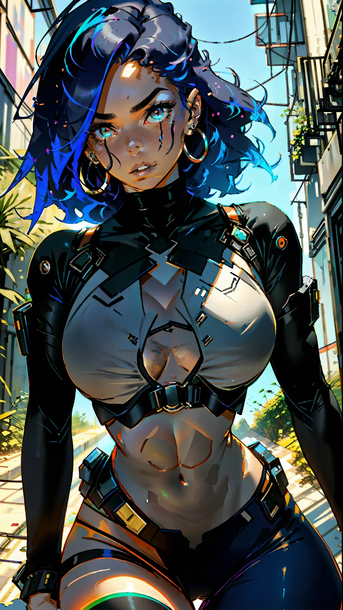 Woman body defined thick thighs cybernetic body parts, short underwear, curvy, milf, cameltoe, nipplestits, sexy, beautiful eyes, spiked hair, rainbow colour hair, giant breast, giant boobs, cleavage