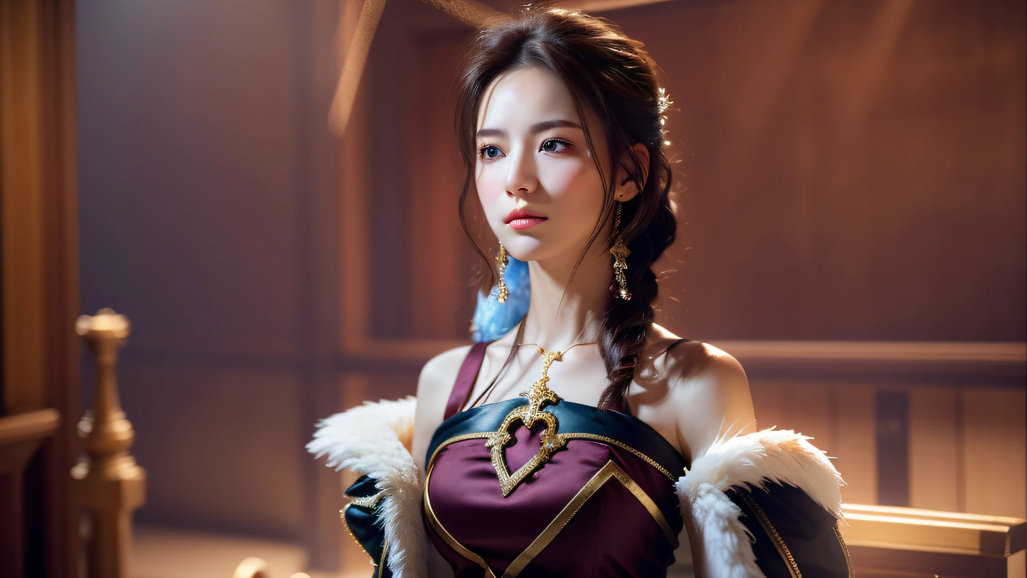 ((Top Quality, 8k, Masterpiece: 1.3)), Collarbone, RAW Photo, (Open Eyes) Portrait, Best Quality, (White Costume) Ultra High Resolution, Realistic, Cinematic Lighting, Depth of Field, Lens Halo, Ultra Detailed Face, Highly Detailed Lips: 1.5, Detailed Eyes, Double Eyelids, Detailed Facial Detail, Strict Head and Body Proportions