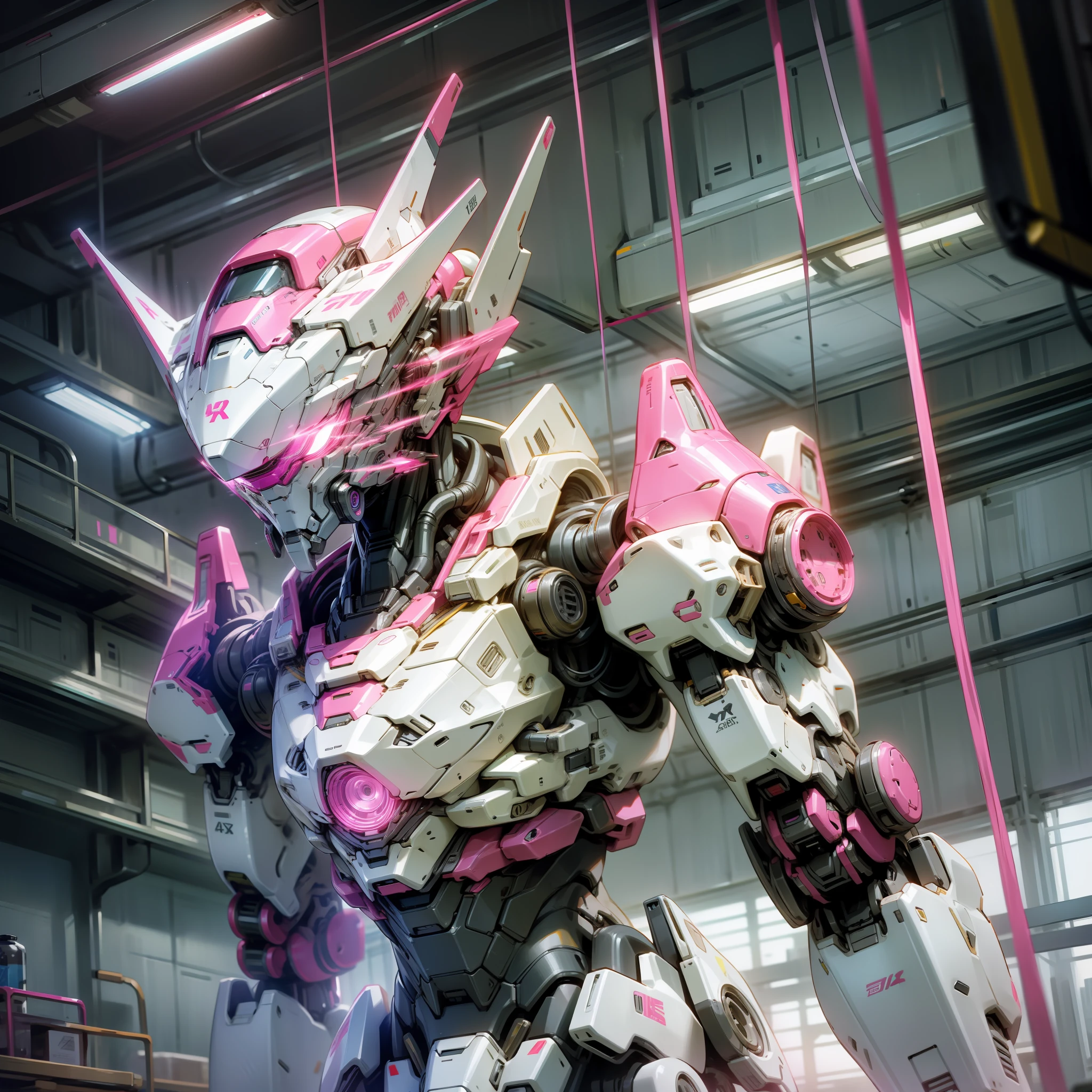 Mecha, inside a lab, pink robot, white lighting, detailed, humanoid