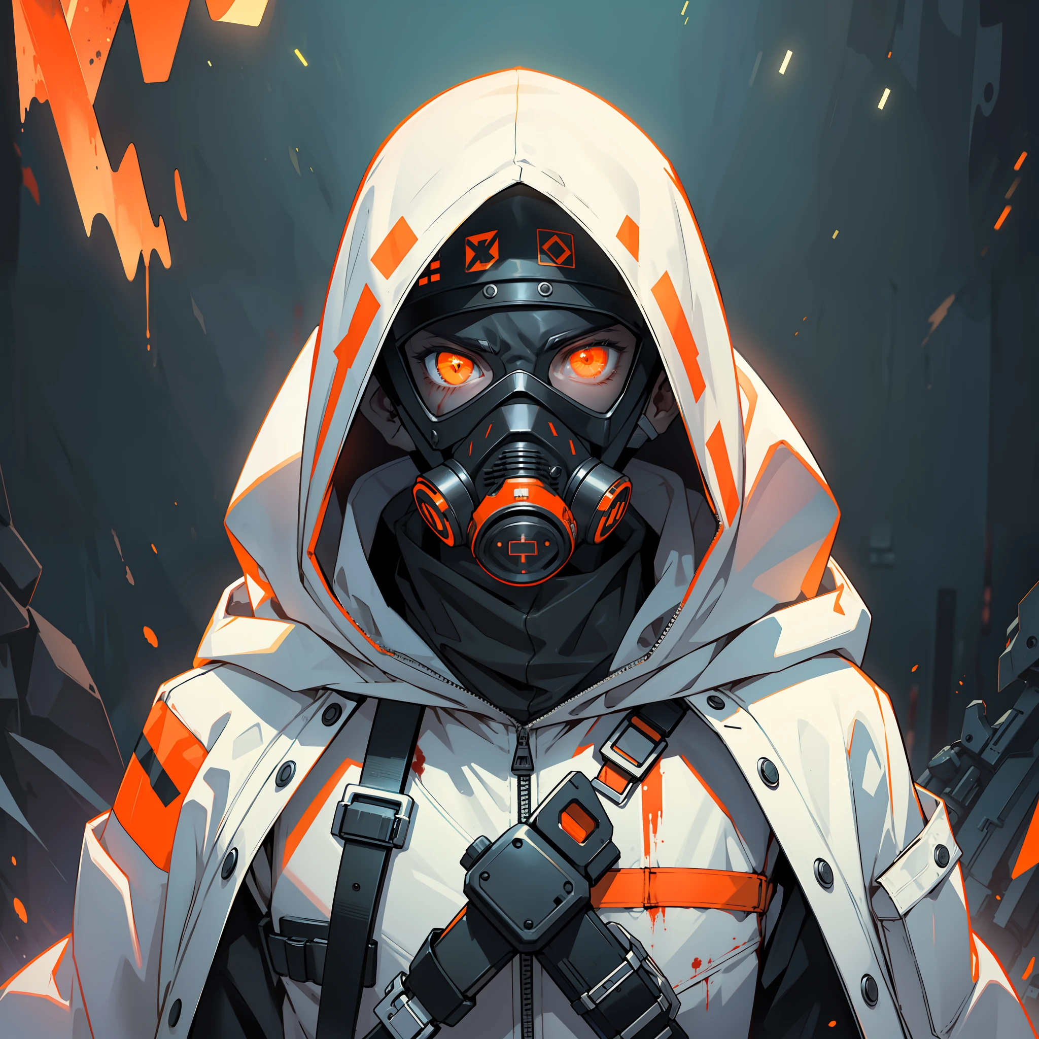A man with gas mask with neon lights, looking at the viewer, side eye, white hood, gas mask, gas mask orange lights, X-shaped eyes, X-shaped eyes glowing orange, black gloves, white hood, bloodstained clothes, white clothes with blood, white coat, white vest --auto --s2