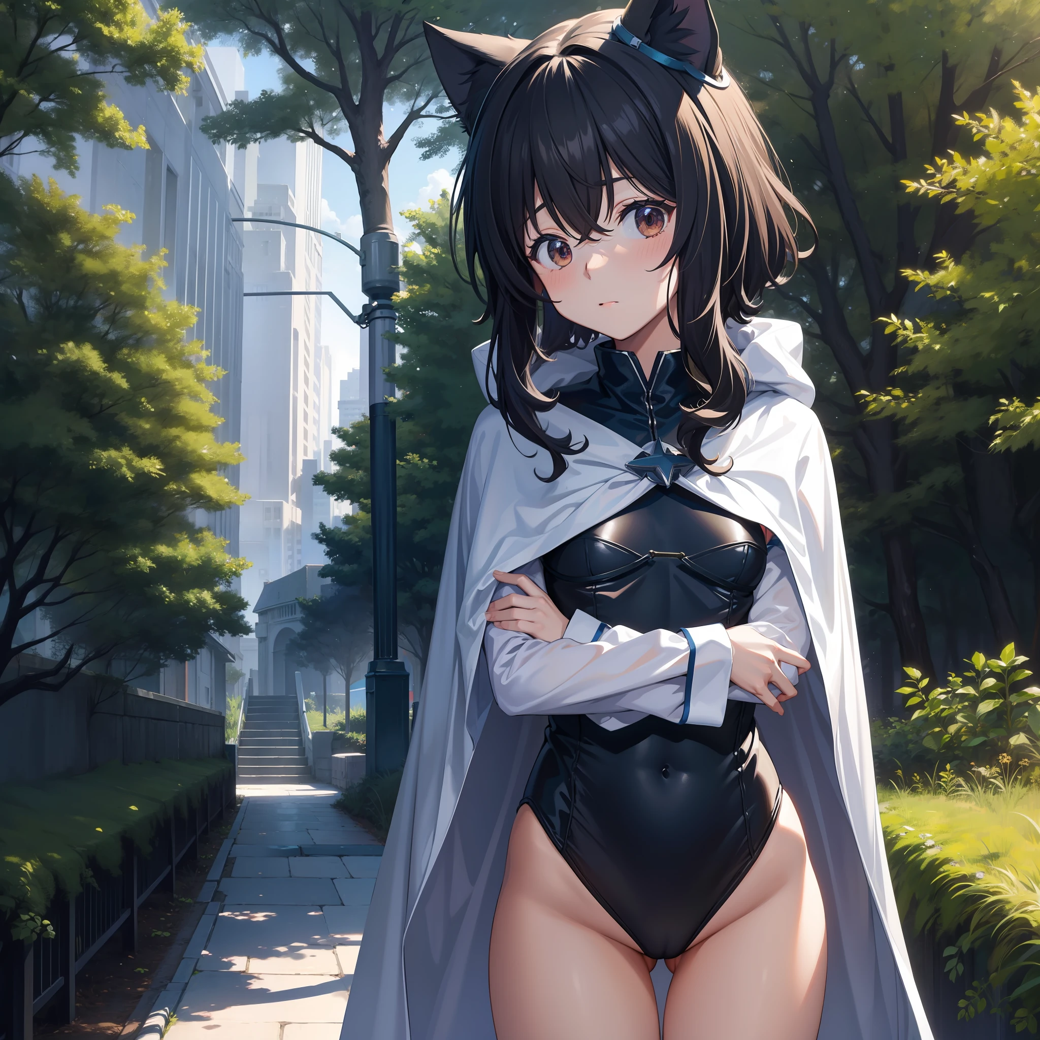 1 tiny_ girl, ()++, cat_ears, cape,outdoor,leotard, shy