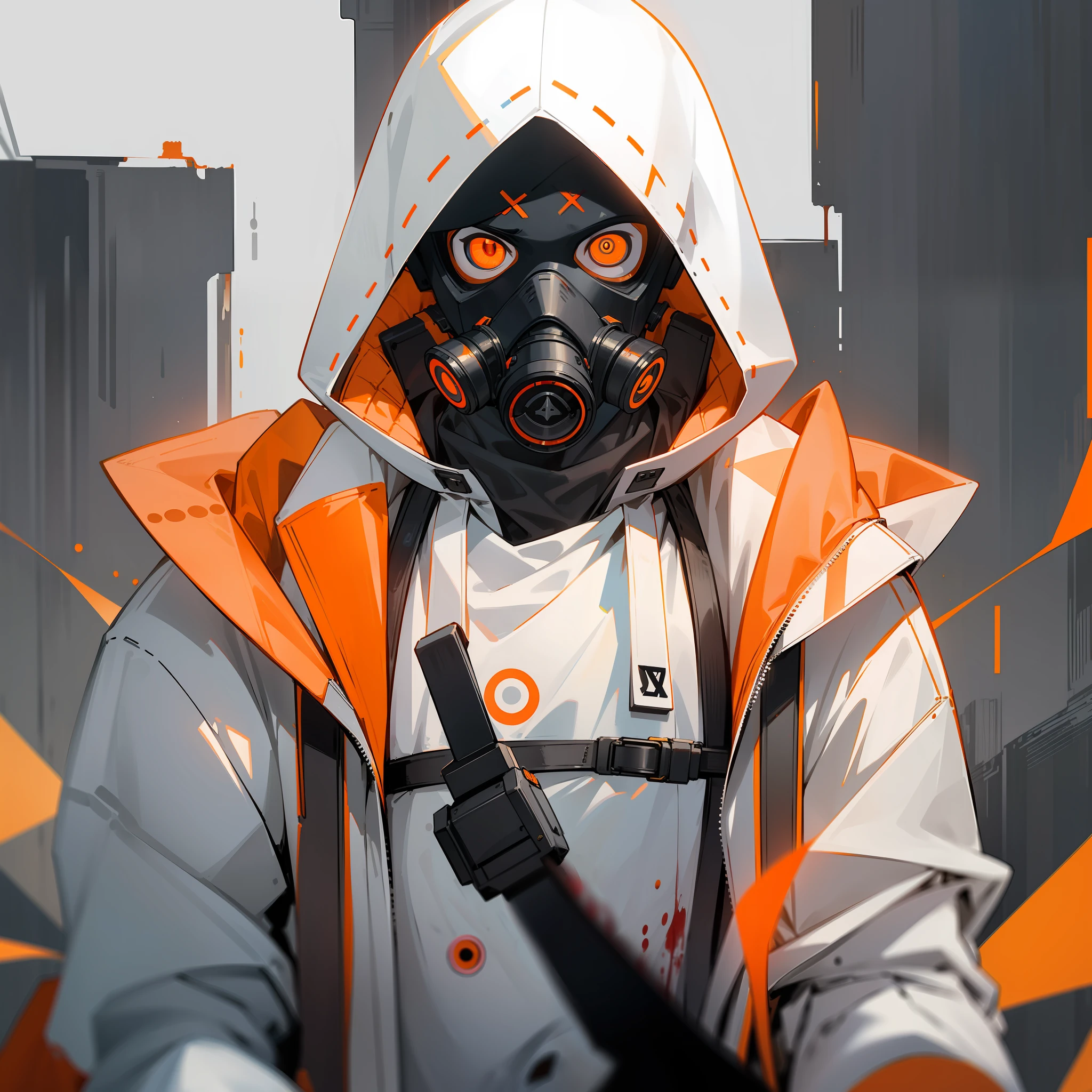 A man with gas mask with neon lights, looking at the viewer, side eye, white hood, gas mask, gas mask orange lights, X-shaped eyes, X-shaped eyes glowing orange, black gloves, white hood, bloodstained clothes, white clothes with blood, white coat, white vest --auto --s2
