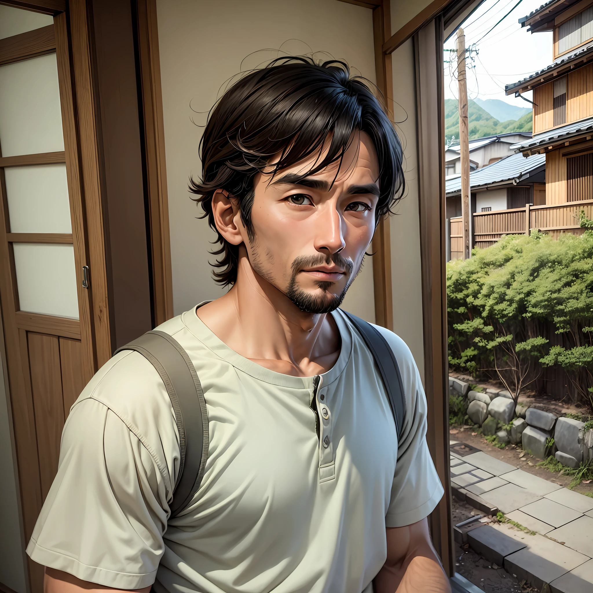 Image of a 31-year-old man living in Tatsuno Town, Nagano Prefecture, with a stiff physique and slightly drooping eyes --auto --s2
