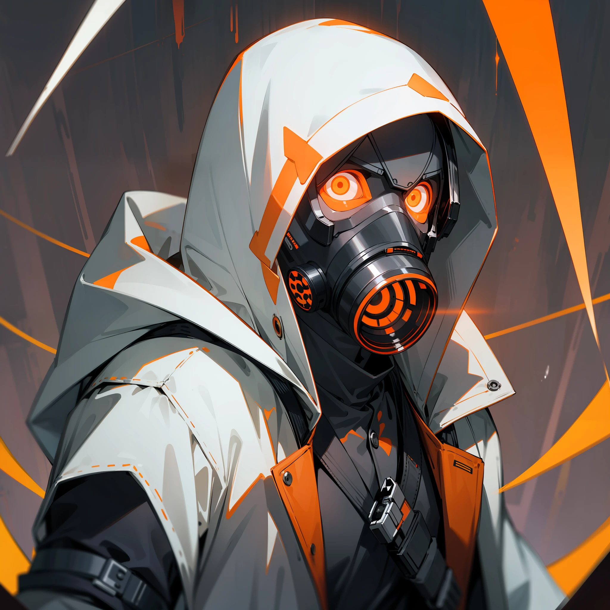 A man with gas mask with neon lights, looking at the viewer, side eye, white hood, gas mask, gas mask orange lights, X-shaped eyes, X-shaped eyes glowing orange, black gloves, white hood, bloodstained clothes, white clothes with blood, white coat, white vest --auto --s2
