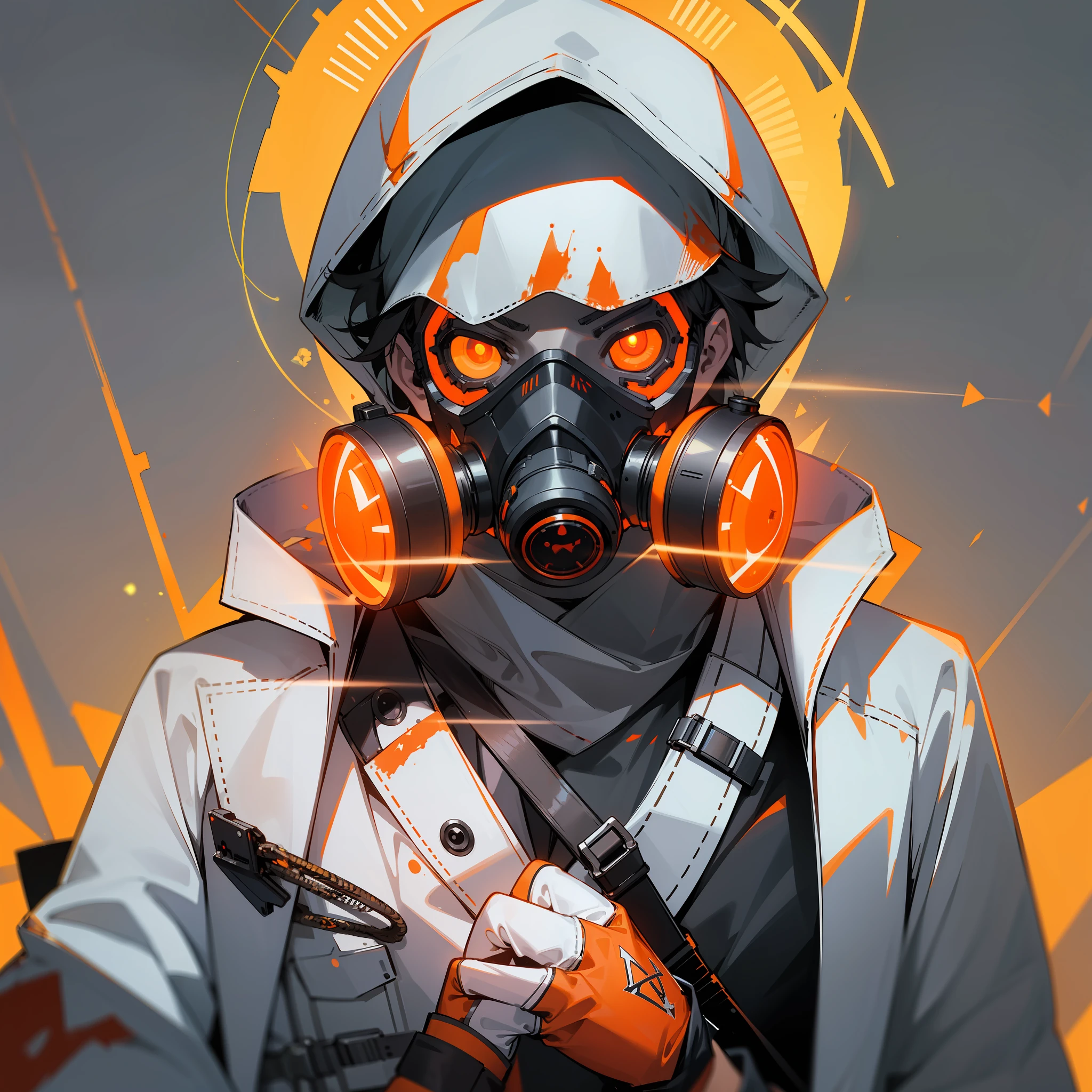 A man with gas mask with neon lights, looking at the viewer, side eye, white hood, gas mask, gas mask orange lights, X-shaped eyes, X-shaped eyes glowing orange, black gloves, white hood, bloodstained clothes, white clothes with blood, white coat, white vest --auto --s2