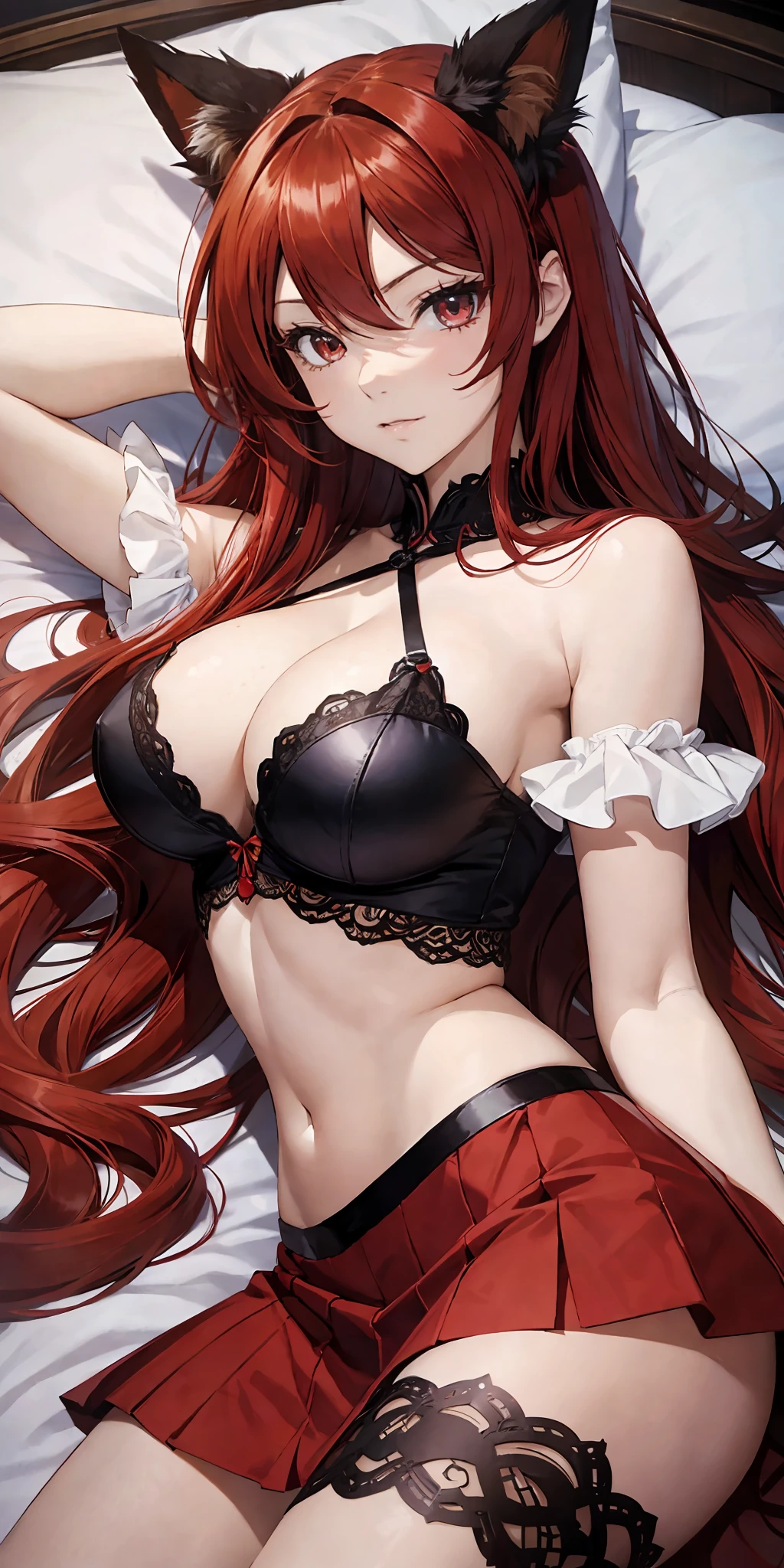 Masterpiece, rias gremory, best quality, 1girl, long hair, (((sexy))), (((realistic))), (((Curvilinear))), eyes bells, crimson red hair, straight hair, wavy hair, beautiful eyes, beautiful detailed shine, very bright, (((foxy girl red)))), photorealistic, lying down, in bed, normal blouse, lifting blouse, bra, short skirt, --auto --s2