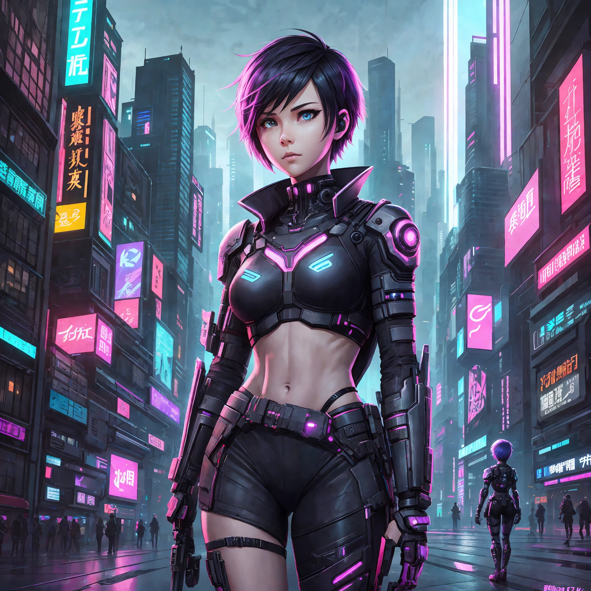 semi-realistic girl, short hair, cyberpunk style, futuristic,neon city, complex details, drawing, dark, dark, night scenery, flying cars, Chinese license plates --auto --s2