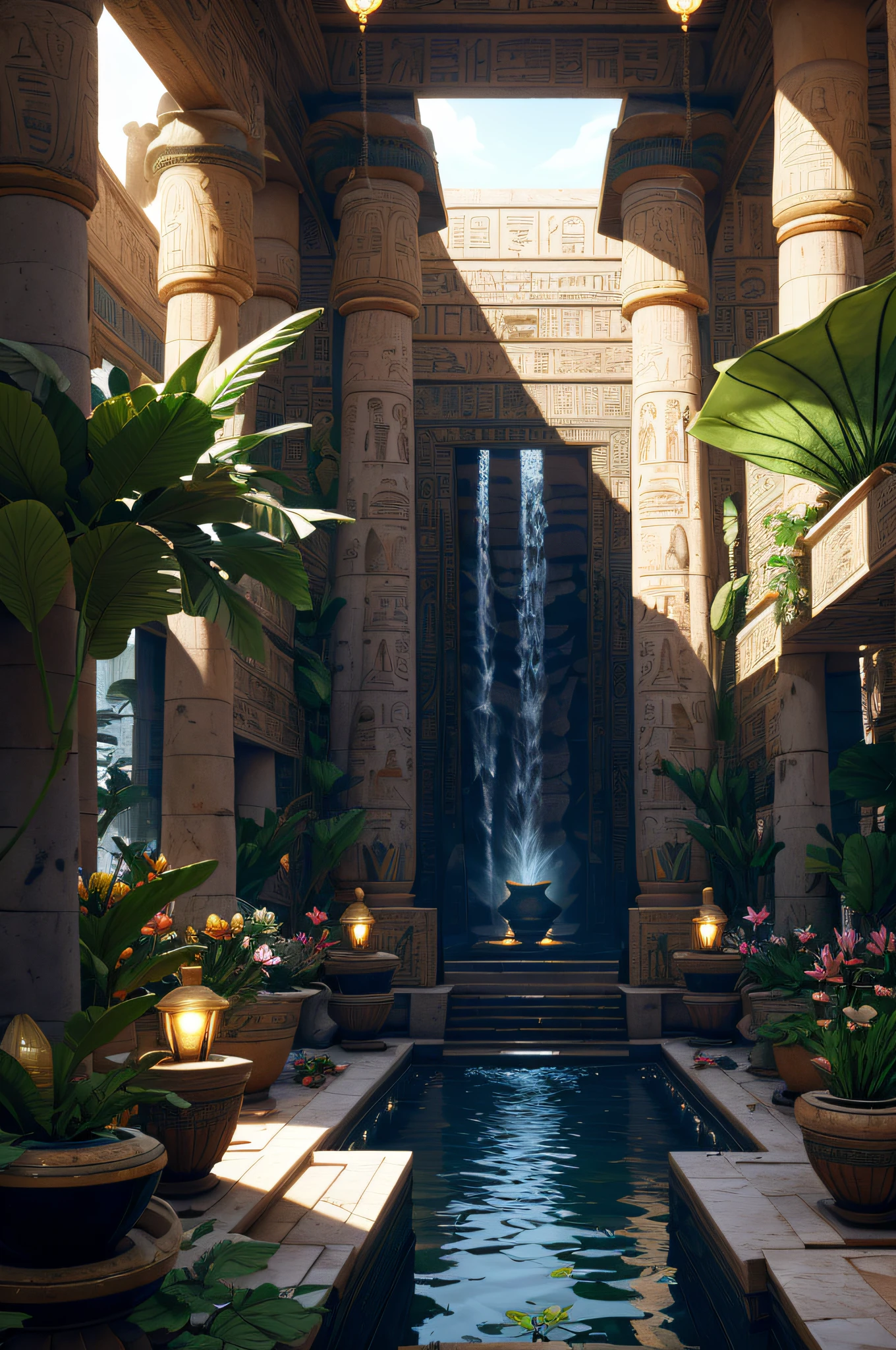 incredible luxurious futuristic interior in Ancient Egyptian style with many (((lush plants))), ((beautiful flowers)), (lotus flowers), ((palm trees)), ((sand)), ((waterfalls)) (marble), clouds and ((water)), (hieroglyphics), (black marble) – with ((beautiful lights)), Unreal Engine, HQ, 16k