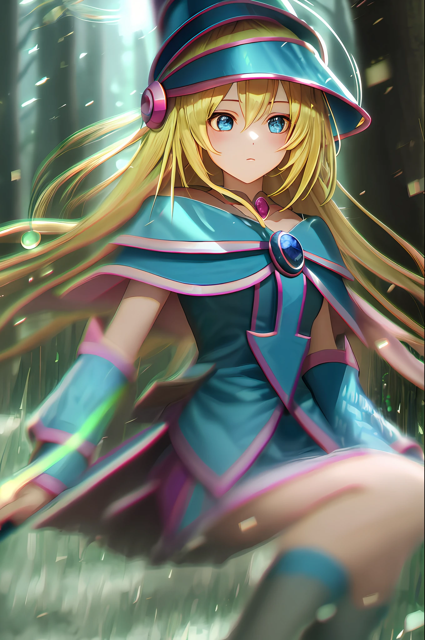 dark magician girl, mksks style, masterpiece, best quality, (1girl), solo, (forest), long hair, blonde hair, blue headwear, wizard hat, spell casting, nature, trees:1.2, motion blur, magic, (moonlight:1.2), chromatic aberration, depth of field, soft lighting, highly detailed face, highly detailed eyes,