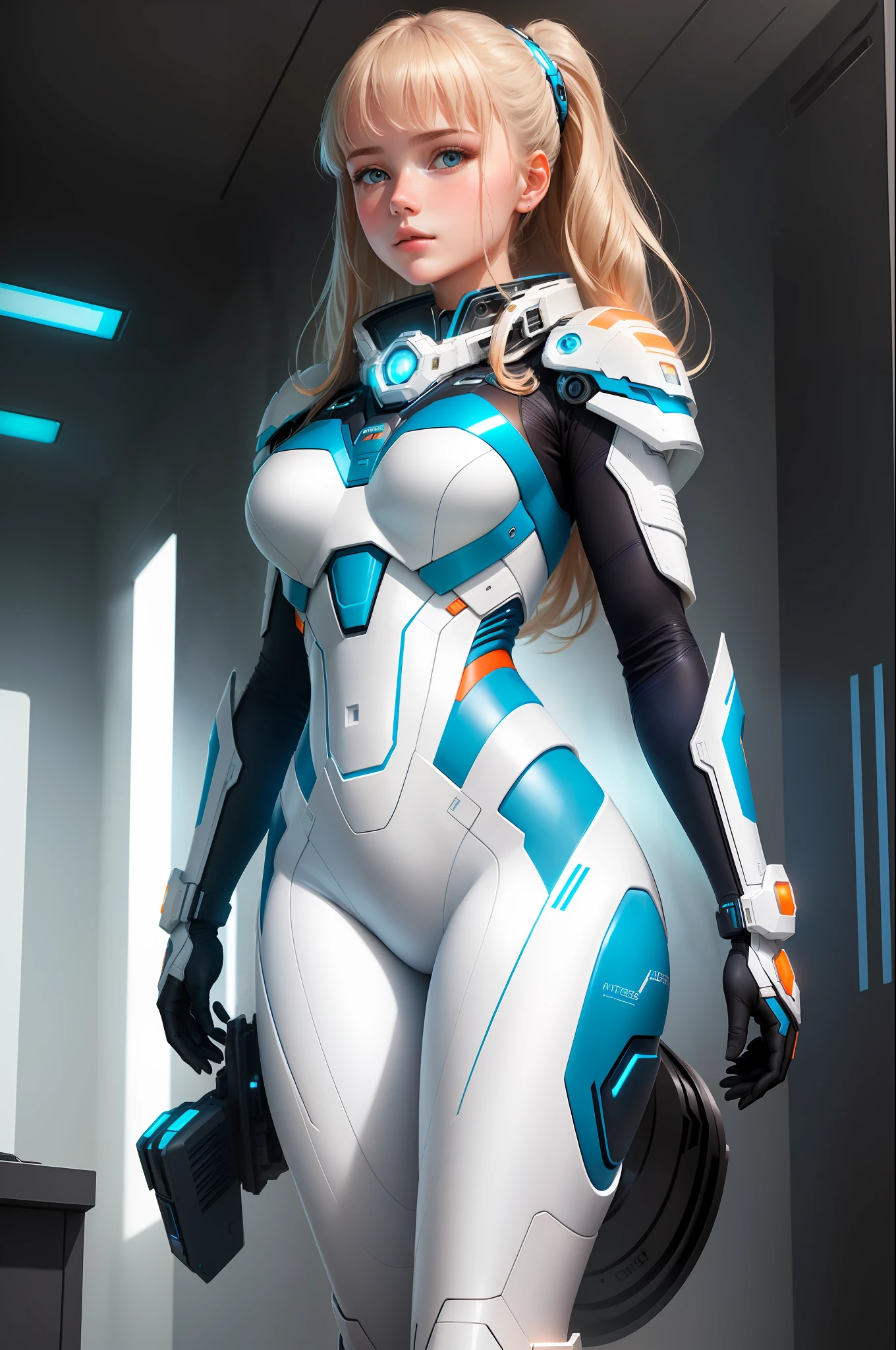 ((Best quality)), ((masterpiece)), ((realistic)), (1 girl:1.4), Biological beauty in a futuristic suit, in the style of dark white and light azure, technological symmetry, jessica drossin, martin ansin, light orange and light cyan, meticulous design, kai fjell, huge chests,