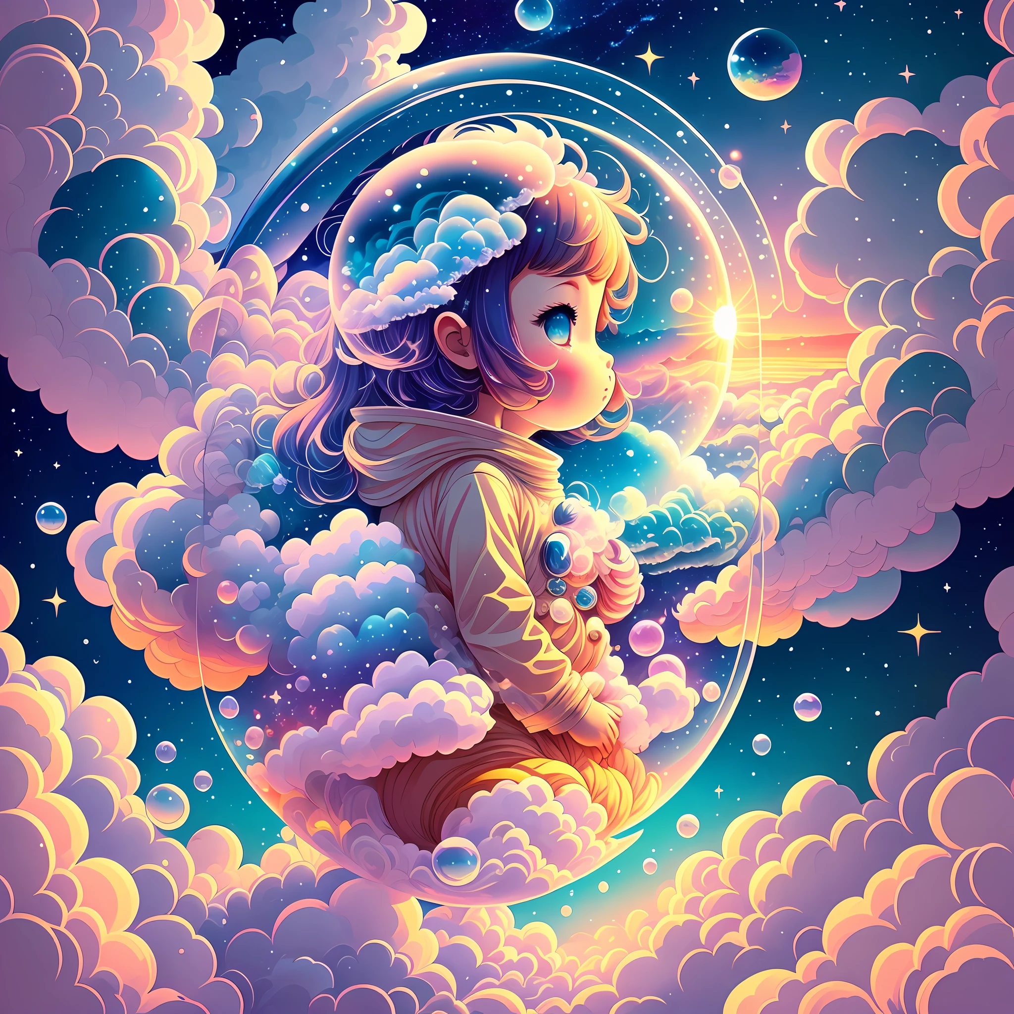 bubble space baby, illustration, anime, above the clouds, sea of clouds, clouds, sunset --auto --s2