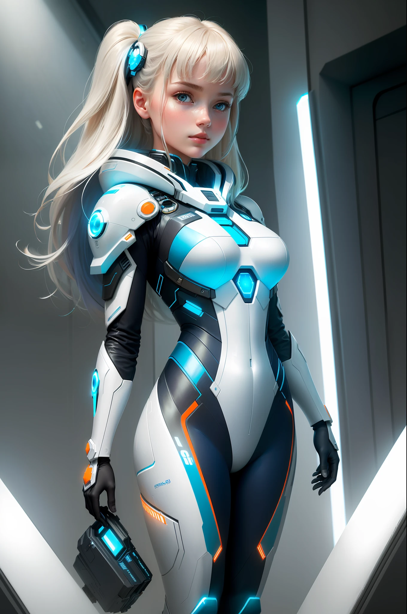 ((Best quality)), ((masterpiece)), ((realistic)), (1 girl:1.4), Biological beauty in a futuristic suit, in the style of dark white and light azure, technological symmetry, jessica drossin, martin ansin, light orange and light cyan, meticulous design, kai fjell, huge chests,