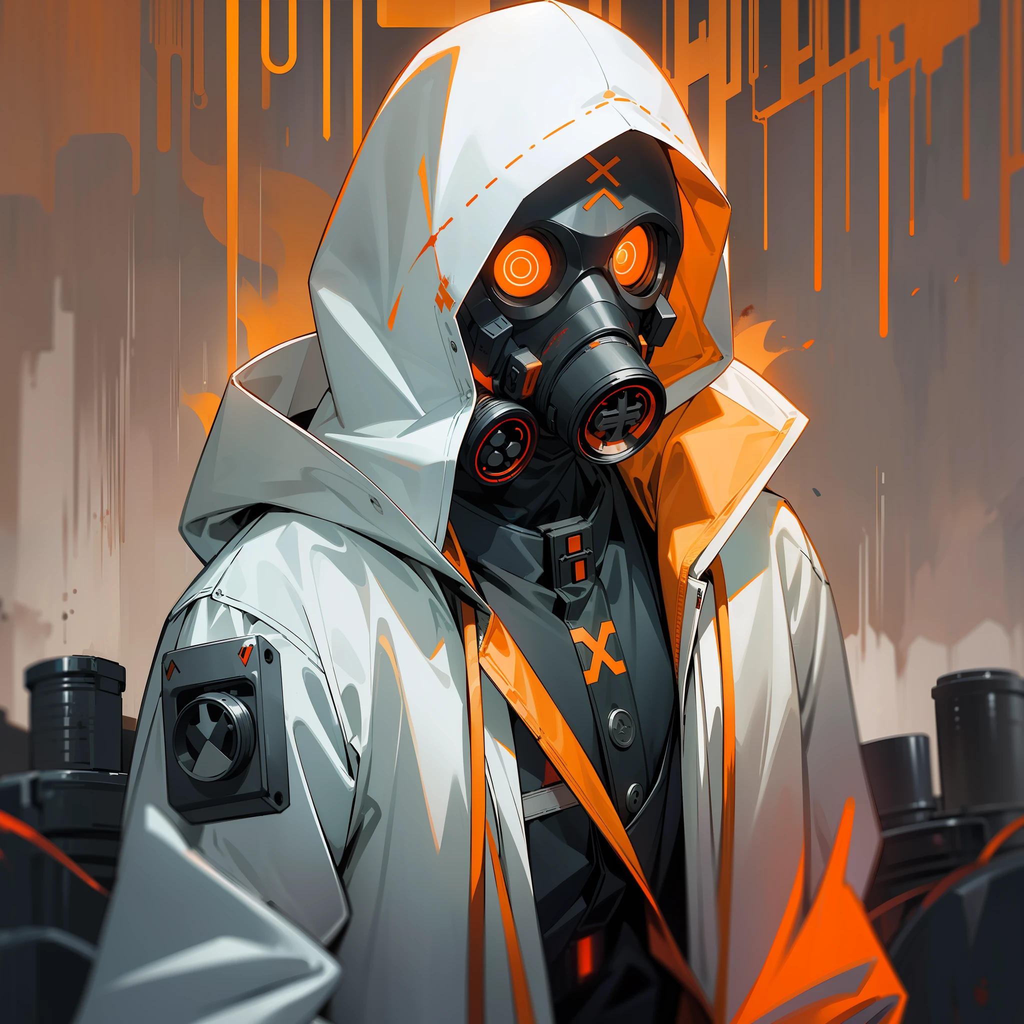 A man with gas mask with neon lights, looking at the viewer, side eye, white hood, gas mask, gas mask orange lights, X-shaped eyes, X-shaped eyes glowing orange, black gloves, white hood, bloodstained clothes, white clothes with blood, white coat, white vest --auto --s2