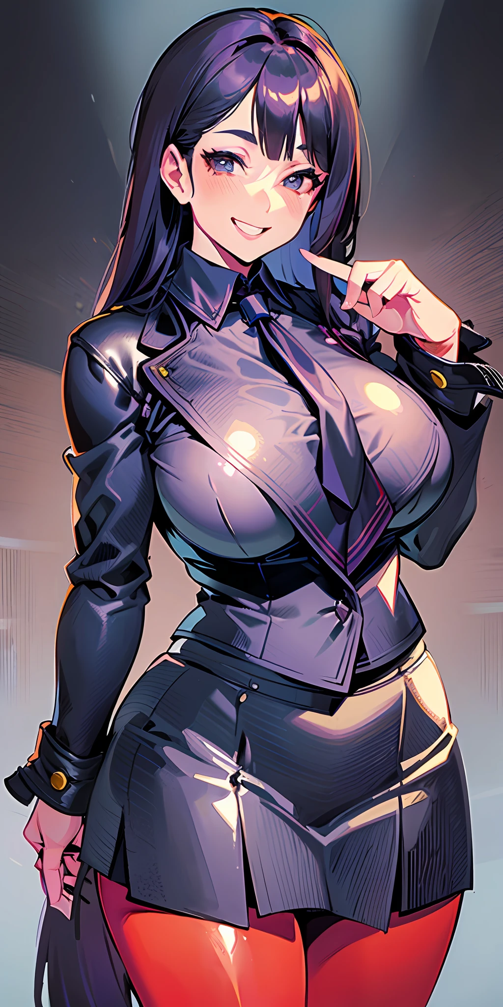 (Masterpiece: 1.6, Best Quality), (Fine and Beautiful Eyes: 1.2), (Overhead), High Quality, Beautiful Face, 1girl, Leather Tight Skirt, Extra Large Leather Jacket, Big Tits, Long Hair, Wide Hips, (Landscaped), Street, Background, Detail Background, Spooky Grin, Angled Laughter at the Corners of Mouth, Long Coat, Shirt, Tie, Office Lady, Mature