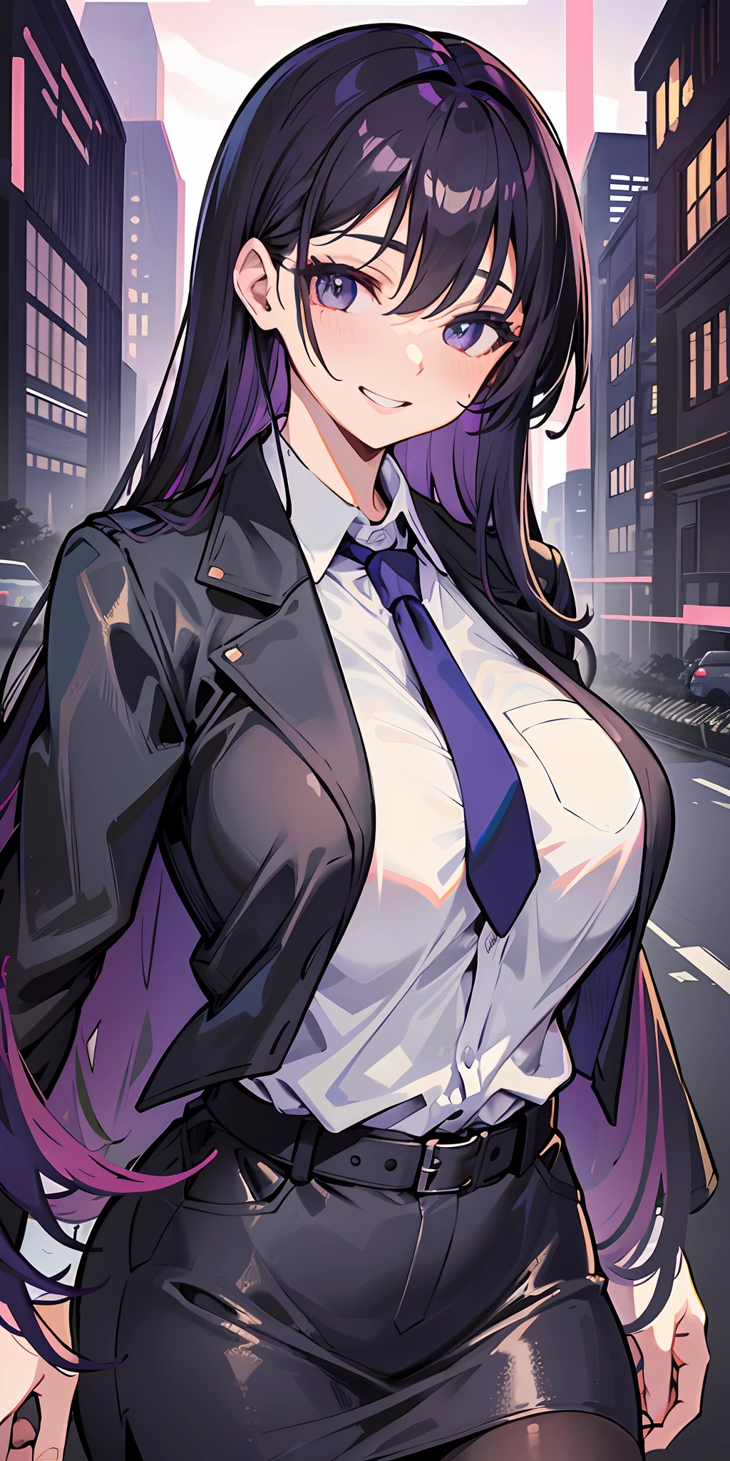 (Masterpiece: 1.6, Best Quality), (Fine and Beautiful Eyes: 1.2), (Overhead), High Quality, Beautiful Face, 1girl, Leather Tight Skirt, Extra Large Leather Jacket, Big Tits, Long Hair, Wide Hips, (Landscaped), Street, Background, Detail Background, Spooky Grin, Angled Laughter at the Corners of Mouth, Long Coat, Shirt, Tie, Office Lady, Mature