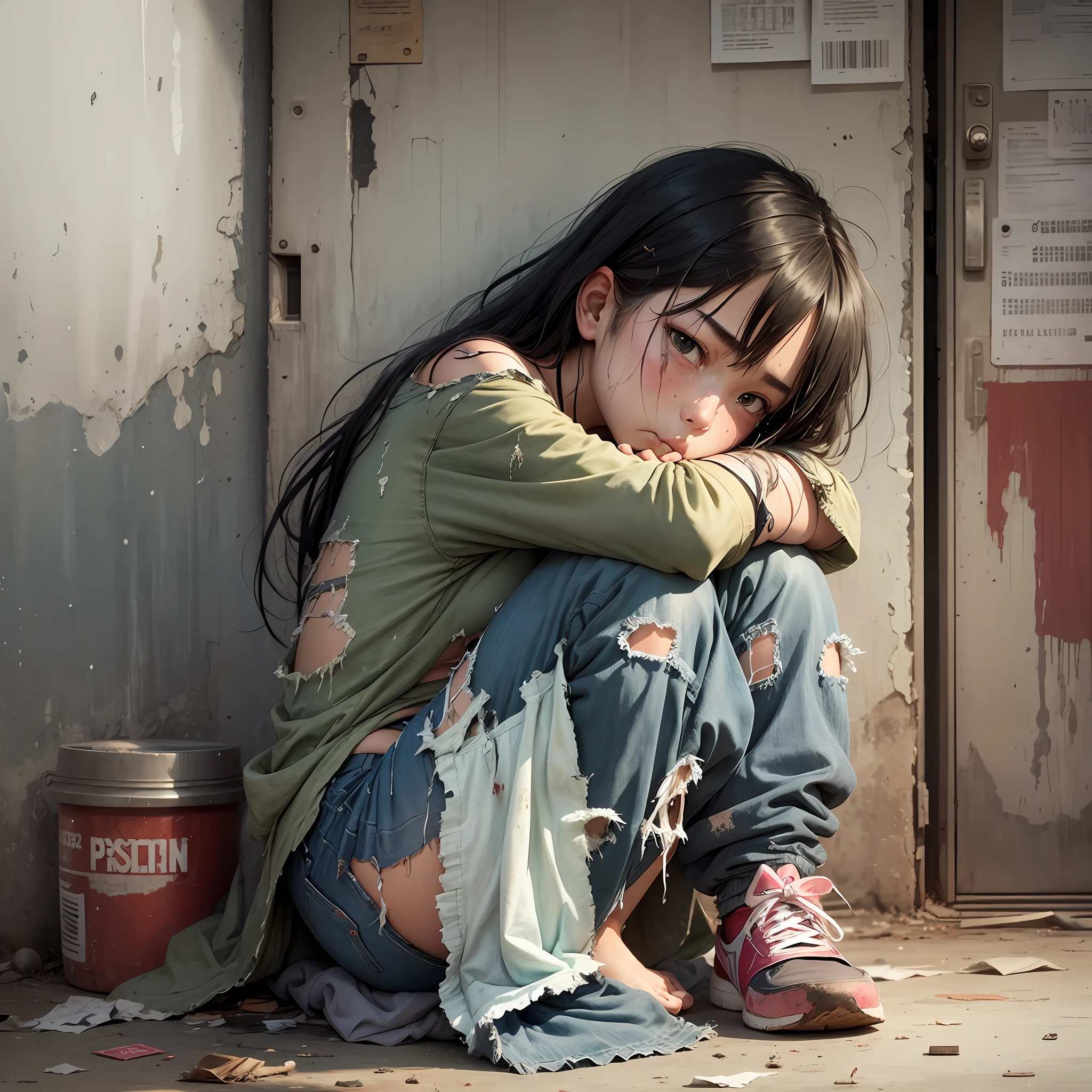 poor, tattered clothes, dirty clothes, torn clothes, sad face girl, asian --auto --s2