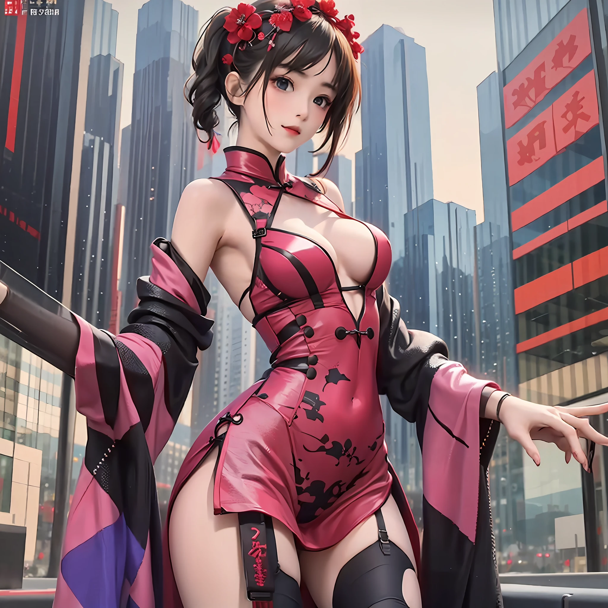 masterpiece, cyberpunk, near future, MV dancing girl, middle breast, lace ornament, transparent skin, cute, sexy, floral ornament, cheongsam