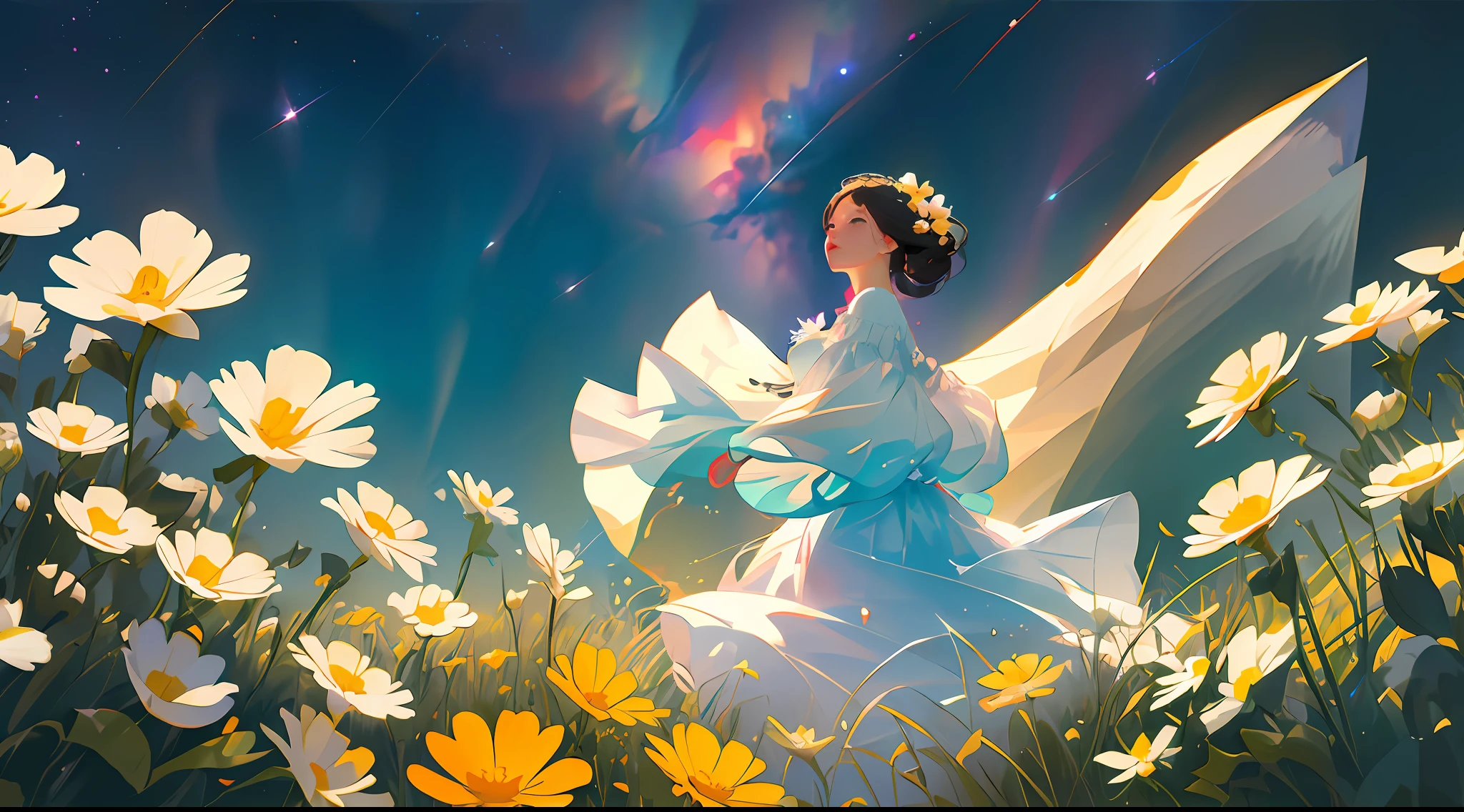 (Best Quality, Masterpiece), 1girl, Pose, Particle, Wind, Flower, Upper Body, Simple Background, Looking at the Viewer, Milky Way,
