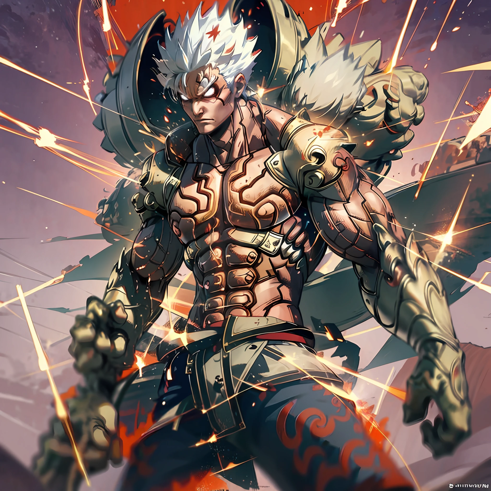 Anime boy,Asura,white hair,short spiky hair,wearing white outfit,makrings all over the body,red Aura, surrounded by lightning, destroyed ground,red outlines on the body, perfect hands,close up shot, muscular body, serious face,mantra,highest quality digital art, Stunning art, wallpaper 4k,8k,64k, HD, unparalleled masterpiece, dynamic lighting, cinematic, epic