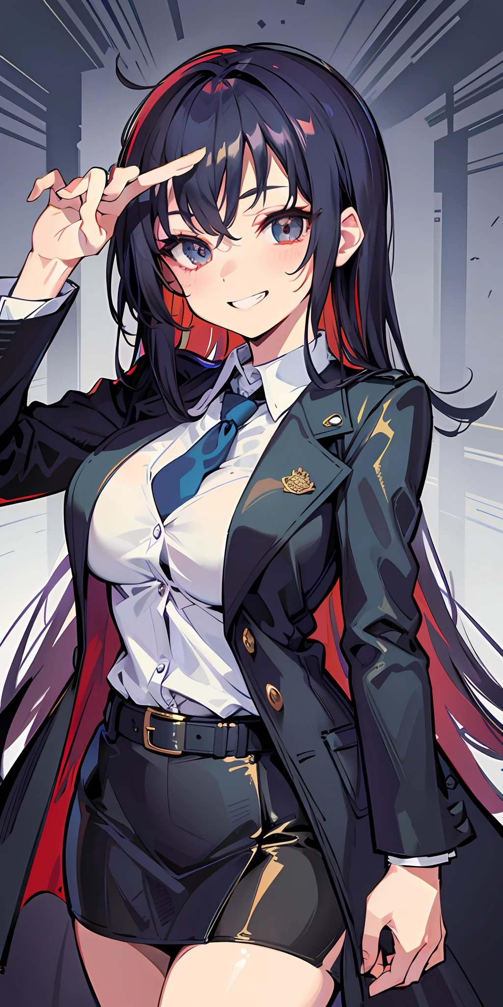 (Masterpiece: 1.6, Best Quality), (Fine and Beautiful Eyes: 1.2), (Overhead), High Quality, Beautiful Face, 1girl, Leather Tight Skirt, Extra Large Leather Jacket, Big Tits, Long Hair, Wide Hips, (Landscaped), Street, Background, Detail Background, Spooky Grin, Angled Laughter at the Corners of Mouth, Long Coat, Shirt, Tie, Office Lady, Mature