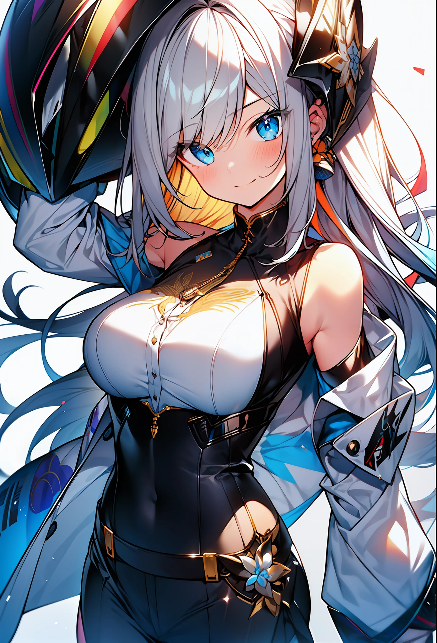 (masterpiece, top quality, best quality, official art, beautiful and aesthetic, 1girl,:1.2), ((イラスト)), white background, happy smile, anina illustration、 Beautiful girl with a sense of transparency, long bright white hair, smooth white skin, white eyes, white chiffon dress, soft atmosphere, bright sunlight, happy look, white background, transparency, -s 1000, background, language_text, Japanese letters in graffit, girls, long blonde hair, excellent lighting, sidelighting, perfect ultimate (flat color: 1.3), (magazine_cover: 1.4), (multicolored_background: 1.3), striped_background, card_background, circular pieces of white metals glued to the ultra detailed arms coming out sparkling shine, , perfect and detailed, ultra detailed shirt with abstract design and with Japanese letters print in graffit of the sides of the clothes,  image of girls with big breast, on top of a futuristic motorcycle, with immersive effects, hover effect, background graffiti style tribal tattoo with flowers and vibrant colors, "ultra HDR" detailed and with focus effect, (masterpiece: 1.2, best quality), (beautiful eyes with huge eyelashes finely detailed: 1.2), , ((Solo)), (Finely detailed eyes and detailed face: 1.3), in various full-body attack poses,  (cute background: 1.2),futuristic costume, super detailed circular metals Grabbed on arms and pants, fantastic paintings