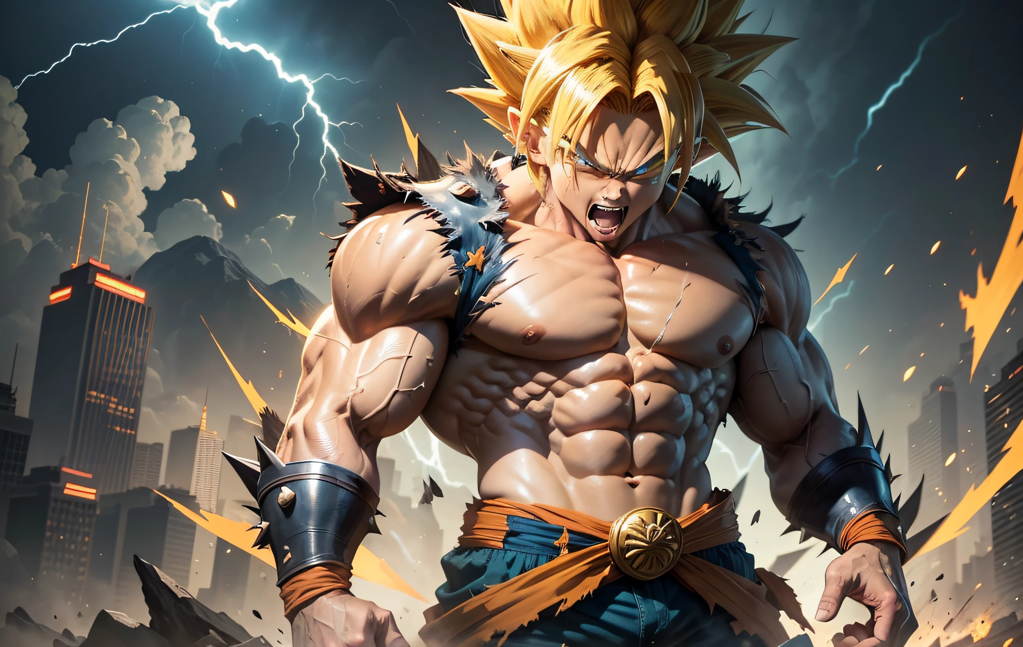 Dragon Ball,Goku, 1boy, anger, battle damage, blonde, blue belt, clenched teeth, anger, green eyes, male focus, muscular, muscular male, pectoral muscles, belt, solo, spiked hair, super saiyan, super saiyan, lightning effects around body, teeth, nude men, torn clothes, wristband, (((masterpiece)) --auto --s2