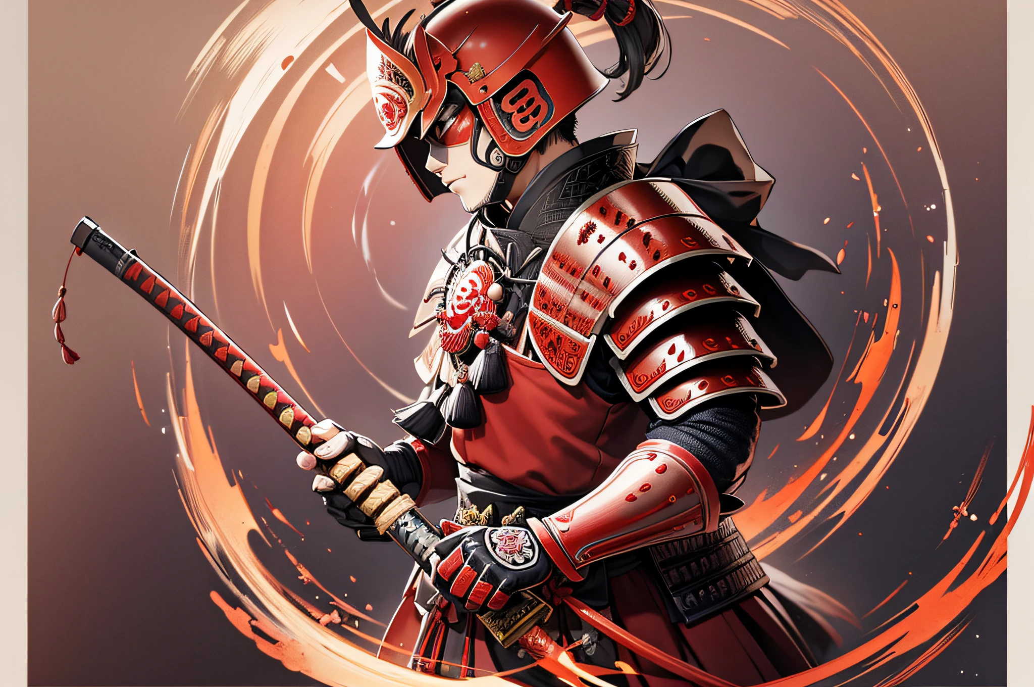 Japanese samurai armor mask katana cherry blossom temple huge red sun background ink style