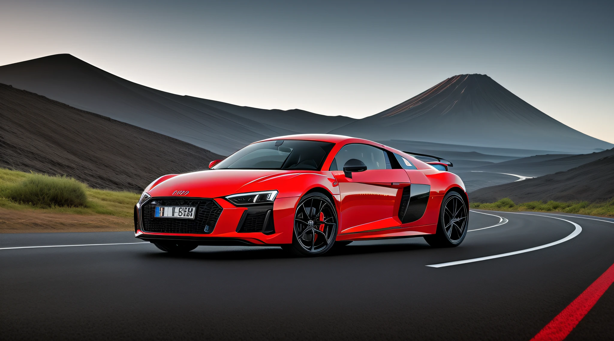 audi r8 2020 sports car, red color with blue drawings, barbon fiberglass hood, running on a road in the middle of a volcanic mountain, Surrealism, ray tracing, reflection light, super detail, award winning, masterpiece, high quality, highres, 8k, 16k
