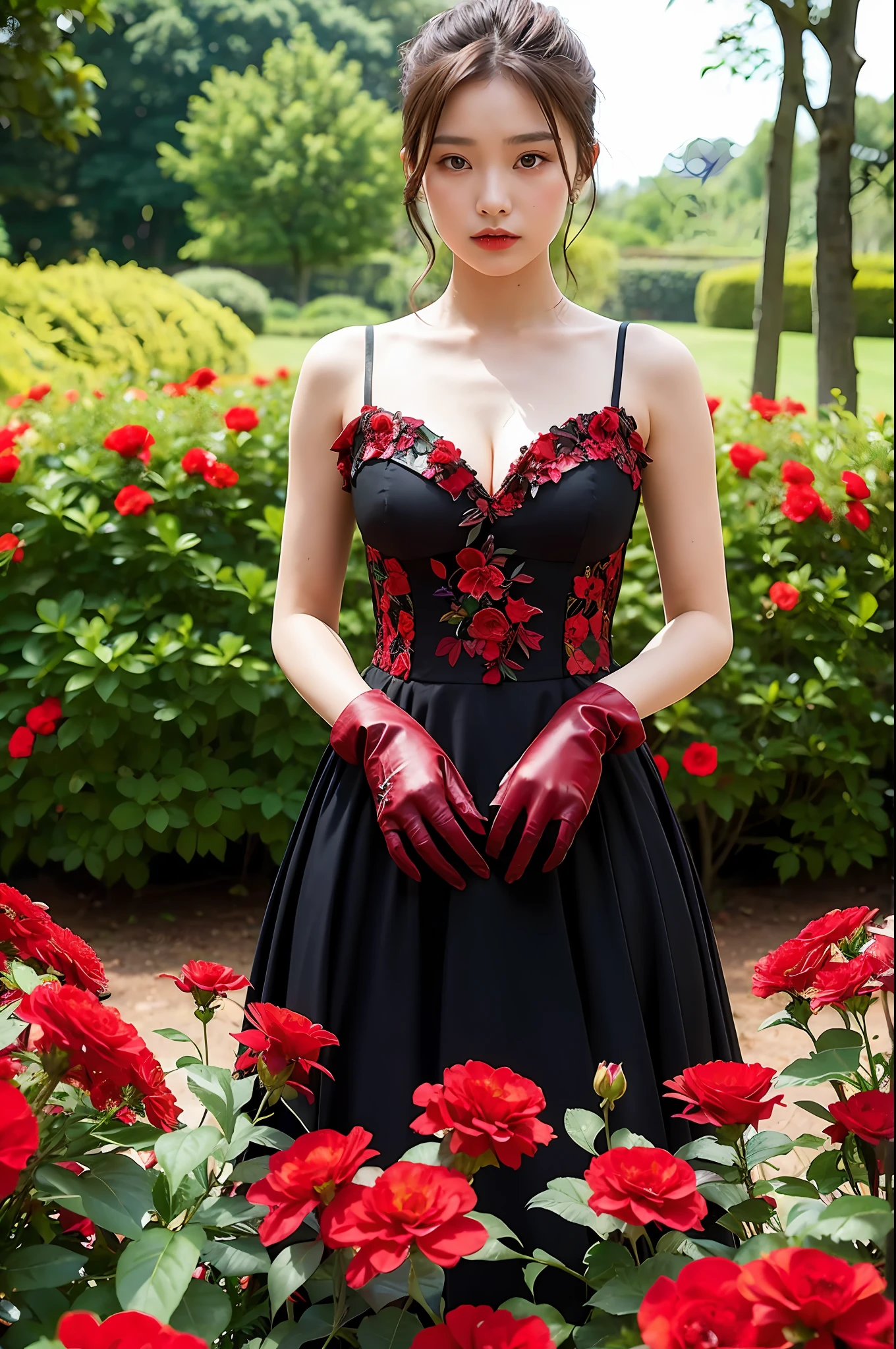 dark theme , (best quality, masterpiece:1.2), 18yo girl in garden, black cleavage dress, (red flowers mess in background:1.3)
