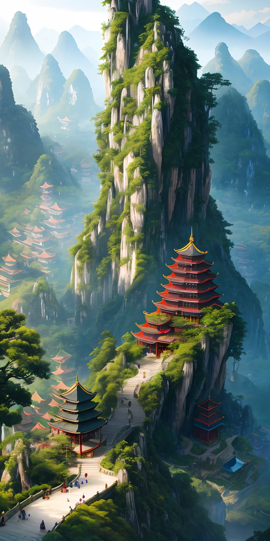 2. Mountain view with waterfall and pagoda in the middle, painted scene by Han Gan, winner of cg society competition, fantasy art, dreamy Chinese town, Chinese landscape, Chinese fantasy, made of trees and fantasy valley, ancient city view, order Impressive fantasy landscape, most epic landscape, pagoda on hill, mountainous jungle environment, avatar landscape, chinese village.