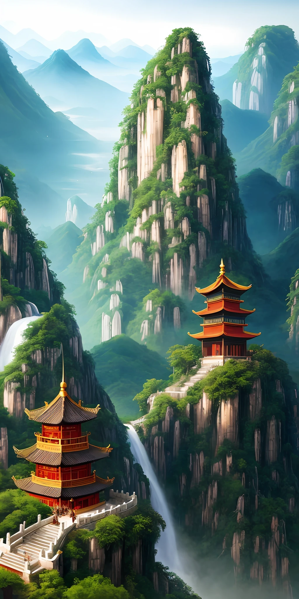 2. Mountain view with waterfall and pagoda in the middle, painted scene by Han Gan, winner of cg society competition, fantasy art, dreamy Chinese town, Chinese landscape, Chinese fantasy, made of trees and fantasy valley, ancient city view, order Impressive fantasy landscape, most epic landscape, pagoda on hill, mountainous jungle environment, avatar landscape, chinese village.