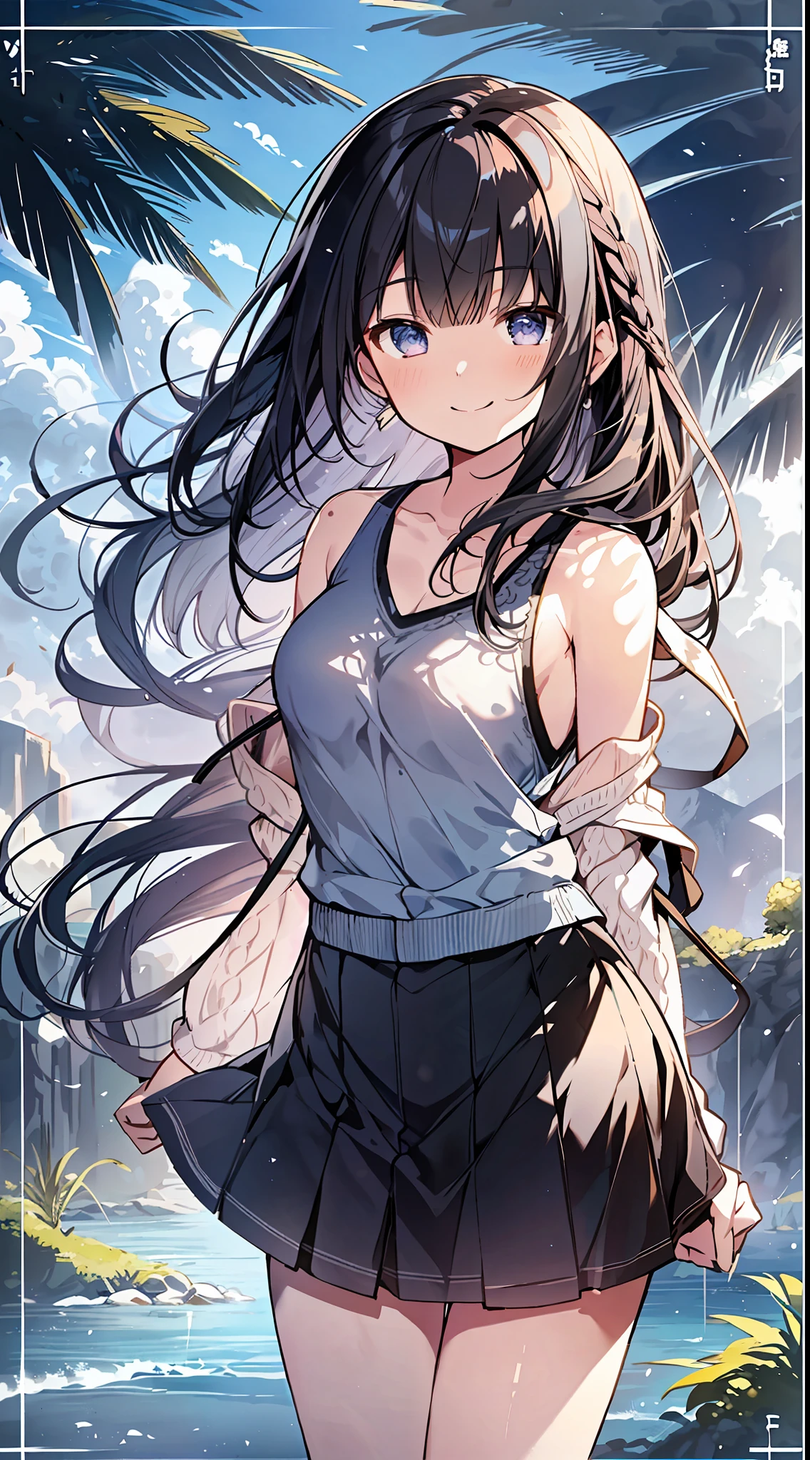 Top Quality, Masterpiece, Ultra High Definition, 8K, Summer Sky, Early Summer, (((Short Skirt + Long Length Cardigan + Tank Top + Sandals)), Shojo Manga Style Loli, One, Soft Line Art, Digital Enhancement, Shojo Manga Touch, Shojo Manga Core, Flowing Fabric, Close Up, (Hair length to shoulders and short braid)), wet hair, staring at us from the front, Soft drawing, beautiful black hair, clear eyes, ((teasing smile)), ultra-detailed digital anime art, clear face depiction, ultra-detailed shoujo manga character art, ultra-detailed manga style, top quality colors, hand gestures, landscape with nature, looking up at the sky, angle to see up to your feet