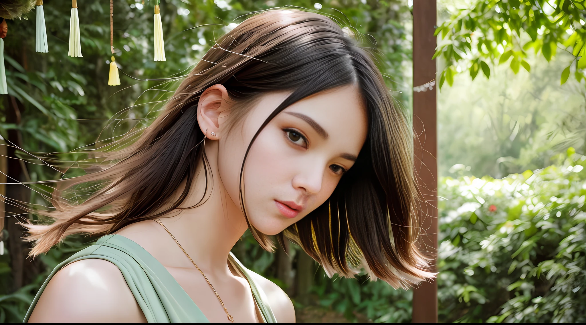 Stunning close-up portrait of a young and beautiful woman with RAW, analog style and impressive features. She should have long, flowing hair, a seductive gaze, and an attractive look. The background is neutral and simple, allowing the woman to be the focal point of the image. Pay attention to details, such as highlights and shadows on her face and hair, to create realistic and realistic images. Experiment with different lighting techniques to enhance the mood and atmosphere of your portrait. The final product should be a masterpiece that captures the essence and beauty of women ((Highly detailed skin, skin details)), Sharp Focus, Volumetric Fog, 8K, UHD, DSLR, High Quality, Film Grain, Fujifilm XT3, Camisole Dress, Hemp Dress, Floret Dress, Short Hair Hair, Disheveled Hair, Rainy Summer Festival, Wind Chimes, Rain, Green, Forest, Wind, big, hair blown in the wind