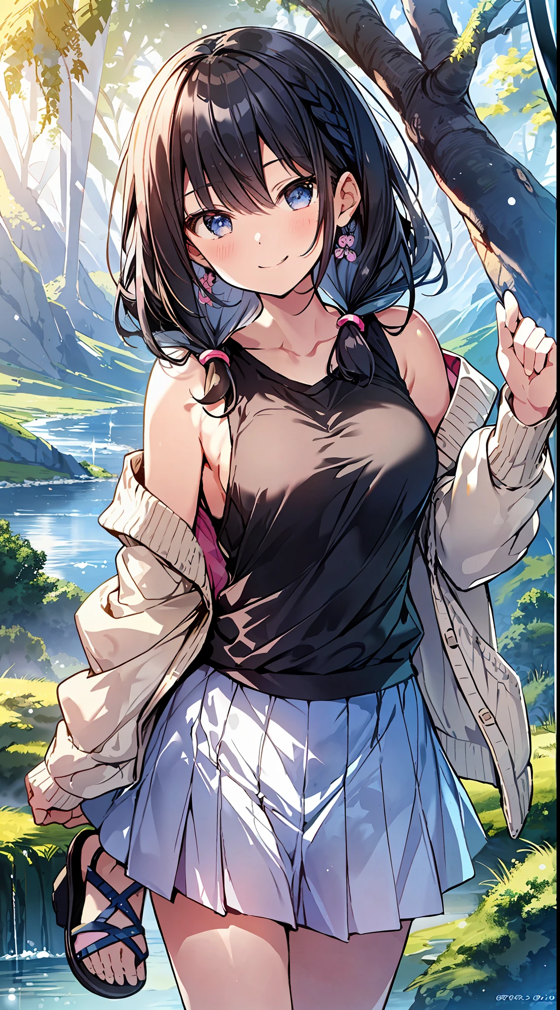 Top Quality, Masterpiece, Ultra High Definition, 8K, Summer Sky, Early Summer, (((Short Skirt + Long Length Cardigan + Tank Top + Sandals)), Shojo Manga Style Loli, One, Soft Line Art, Digital Enhancement, Shojo Manga Touch, Shojo Manga Core, Flowing Fabric, Close Up, (Hair length to shoulders and short braid)), wet hair, staring at us from the front, Soft drawing, beautiful black hair, clear eyes, ((teasing smile)), ultra-detailed digital anime art, clear face depiction, ultra-detailed shoujo manga character art, ultra-detailed manga style, top quality colors, hand gestures, landscape with nature, looking up at the sky, angle to see up to your feet