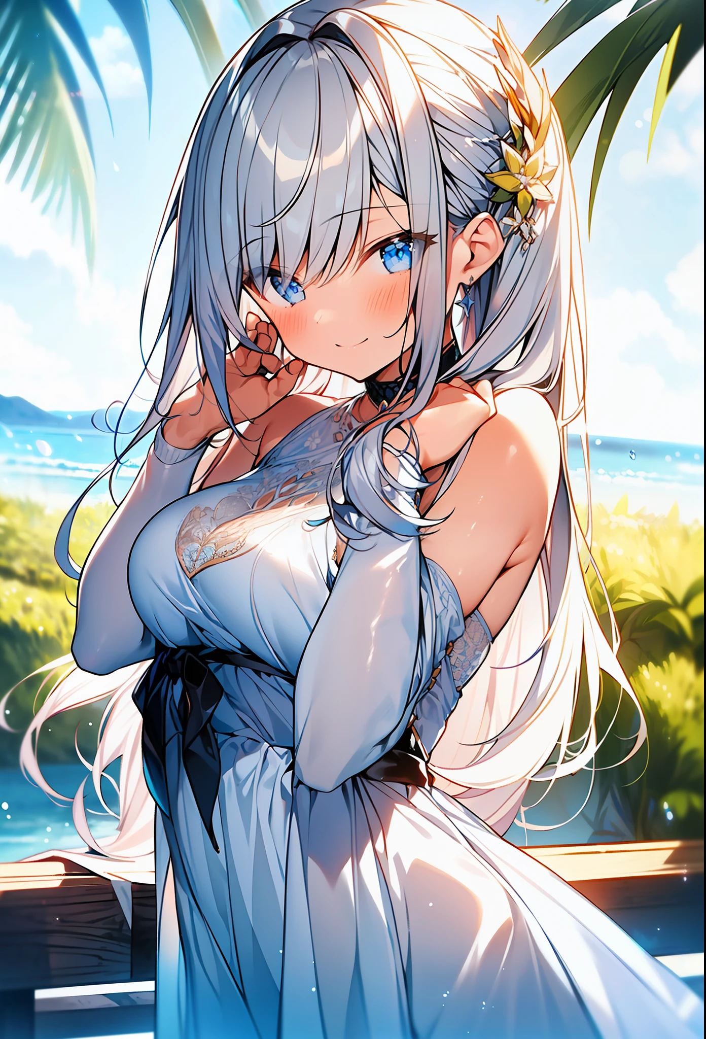 (masterpiece, top quality, best quality, official art, beautiful and aesthetic,1girl,:1.2), ((イラスト)),white back ground,happy smile,anine illustration、 Beautiful girl with a sense of transparency, long shiny white hair, smooth white skin, white eyes, white chiffon dress, soft atmosphere, bright sunlight, looking happy, white background, transparency, -s 1000