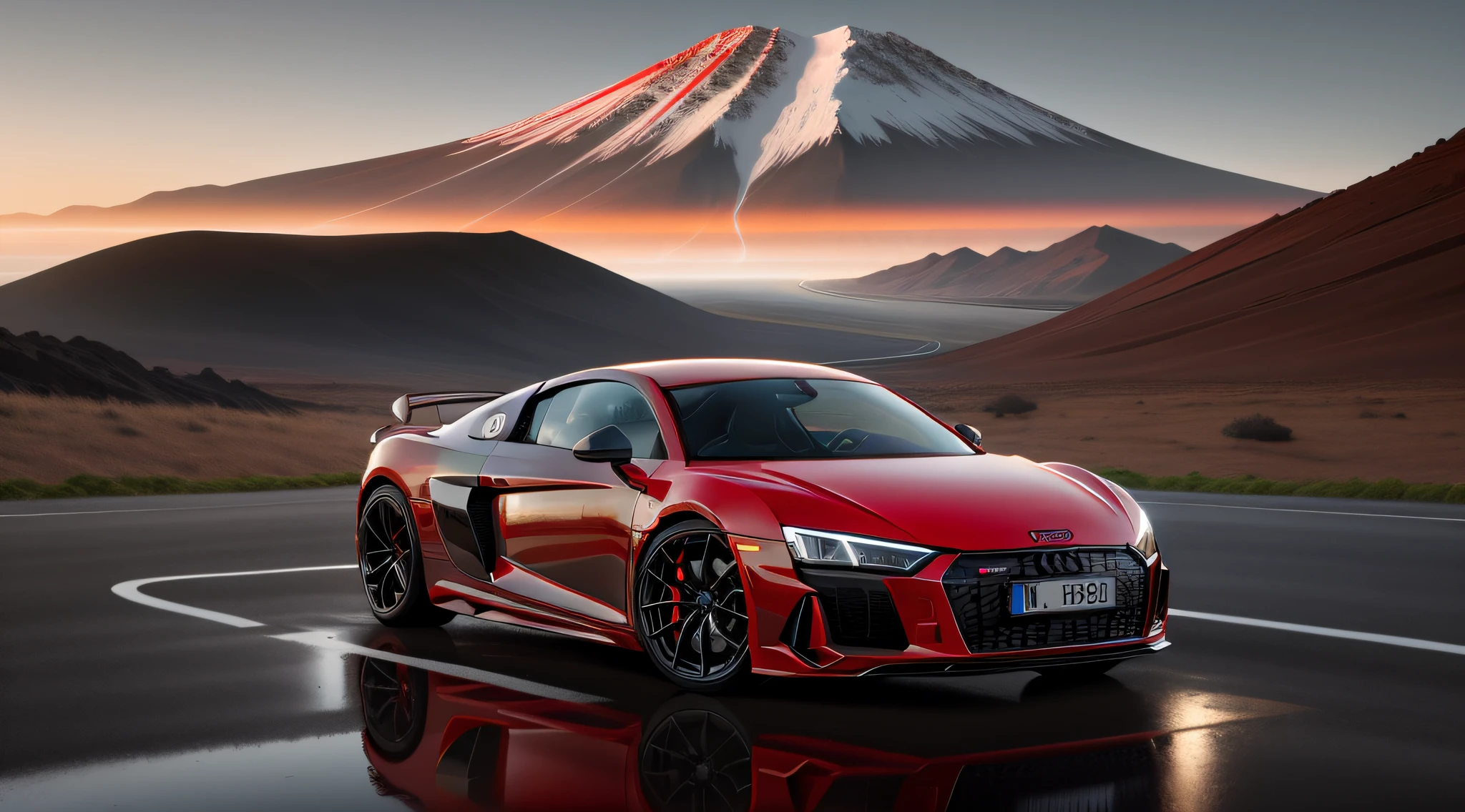 audi r8 2020 sports car, red color with blue drawings, barbon fiberglass hood, running on a road in the middle of a volcanic mountain, Surrealism, ray tracing, reflection light, super detail, award winning, masterpiece, high quality, highres, 8k, 16k
