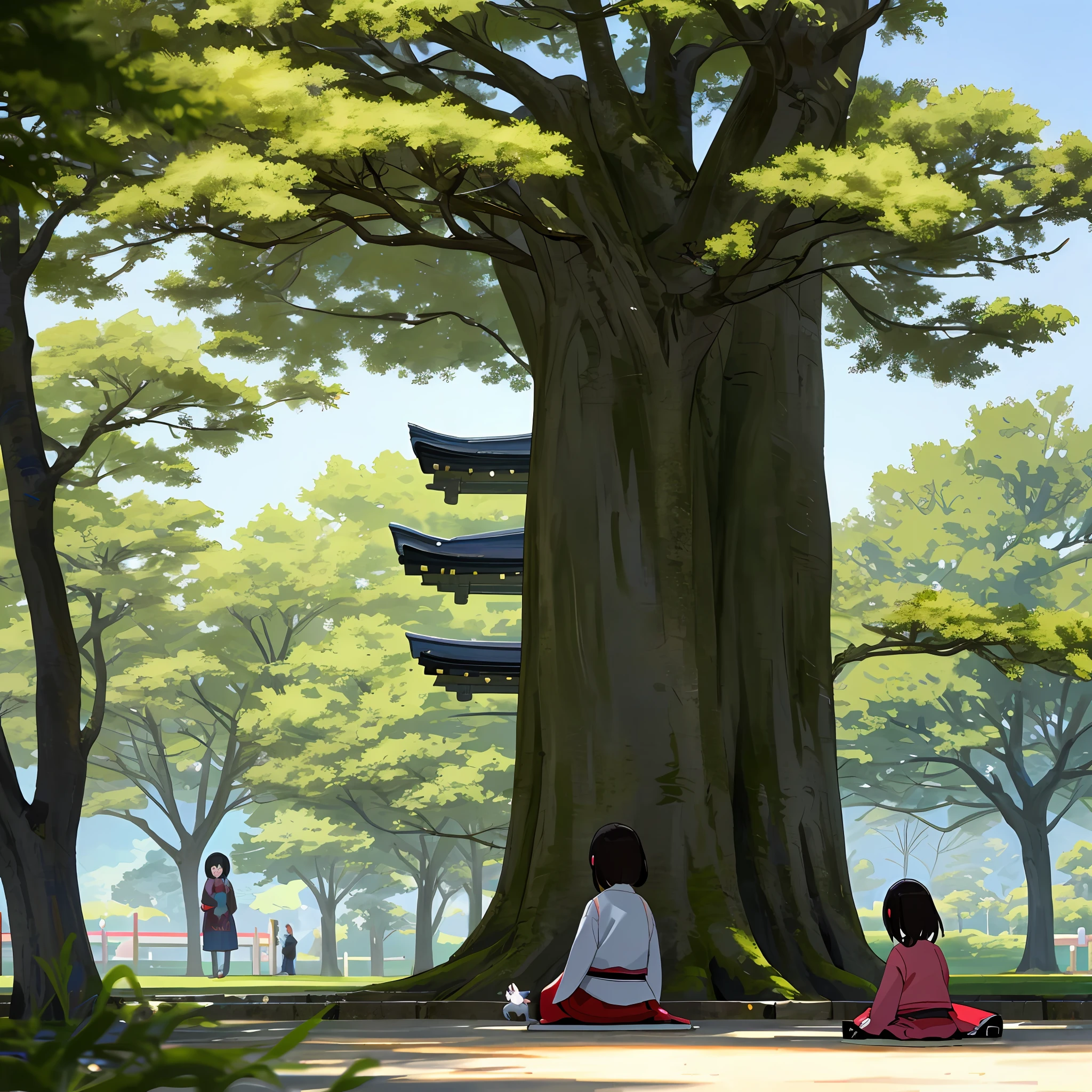 Japanese girls playing doll in the park and their parents watching from afar happy
