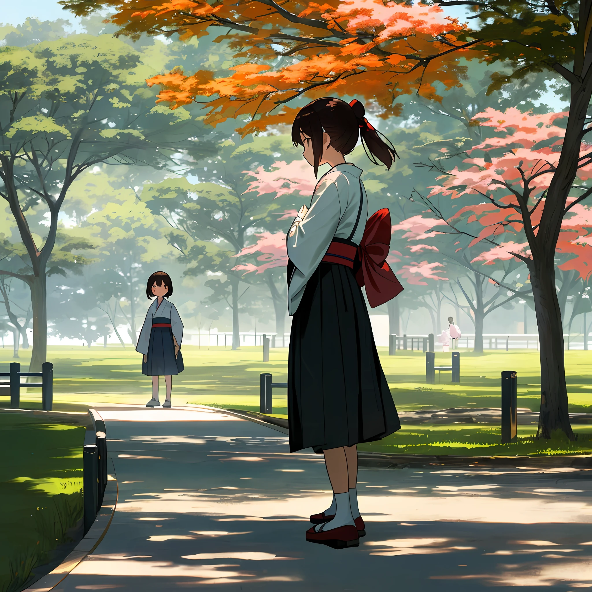 Japanese girls playing doll in the park and their parents watching from afar happy