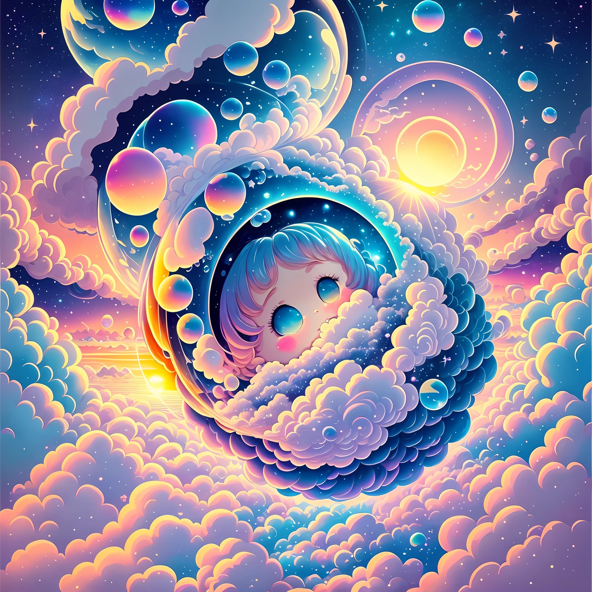 bubble space baby, illustration, anime, above the clouds, sea of clouds, clouds, sunset --auto --s2