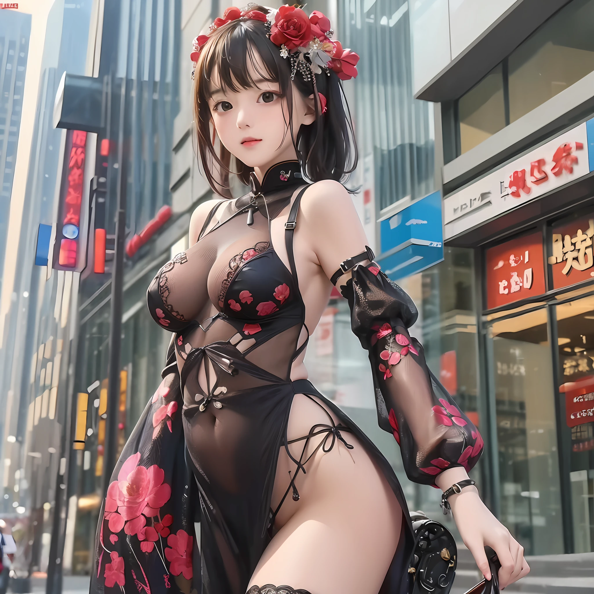 masterpiece, cyberpunk, near future, high quality texture MV dancing girl, middle breast, lace ornament, transparent skin, cute, sexy, floral ornament, cheongsam, overwhelming reality,